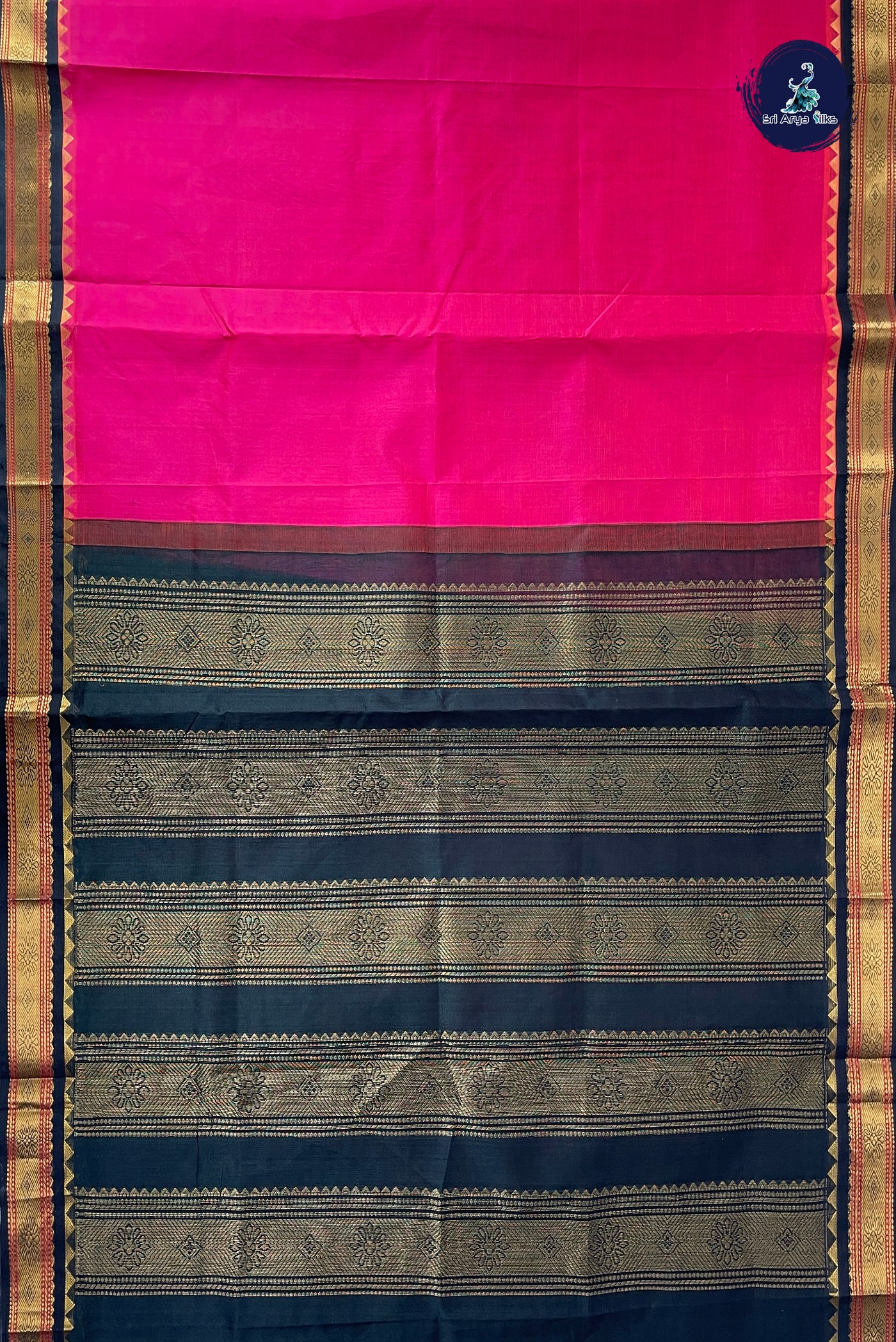 Rani Pink Korvai Silk Cotton Saree With Plain Pattern