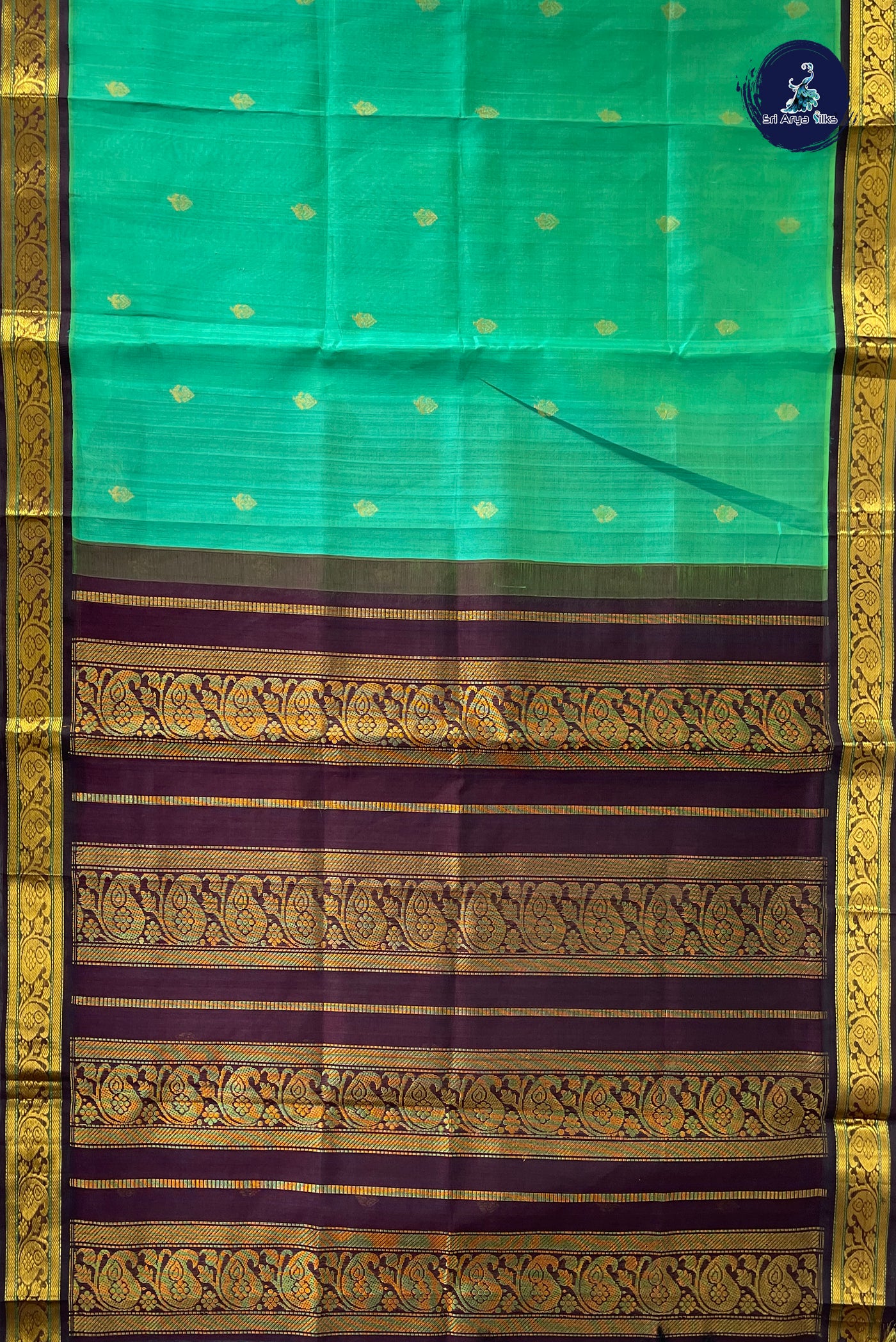 Dual Tone Green Korvai Silk Cotton Saree With Zari Buttas Pattern