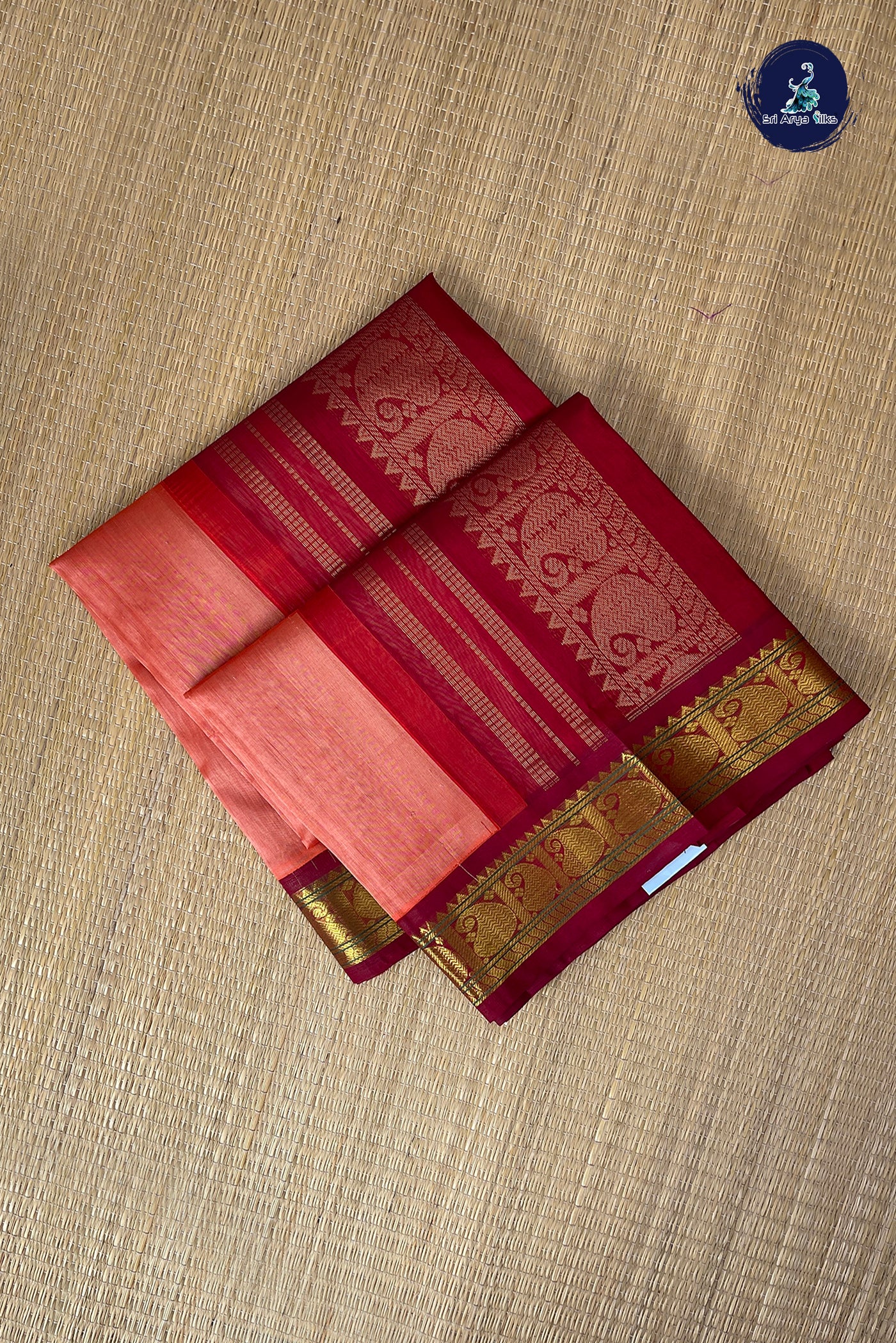 Kanagambaram Shade Korvai Silk Cotton Saree With Zari Buttas Pattern