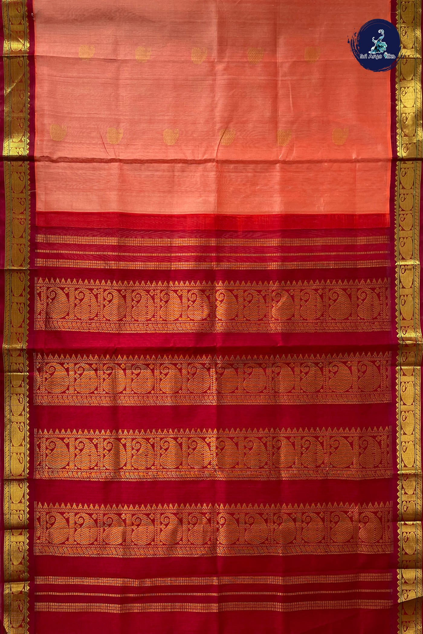 Kanagambaram Shade Korvai Silk Cotton Saree With Zari Buttas Pattern
