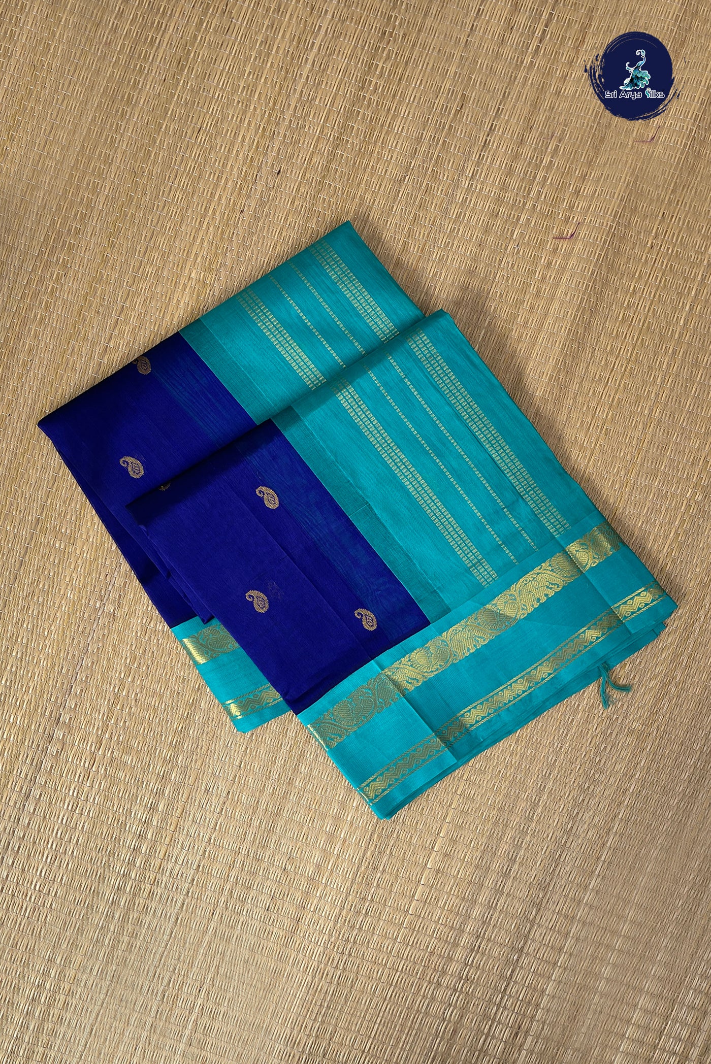 Blue Korvai Silk Cotton Saree With Zari Buttas Pattern
