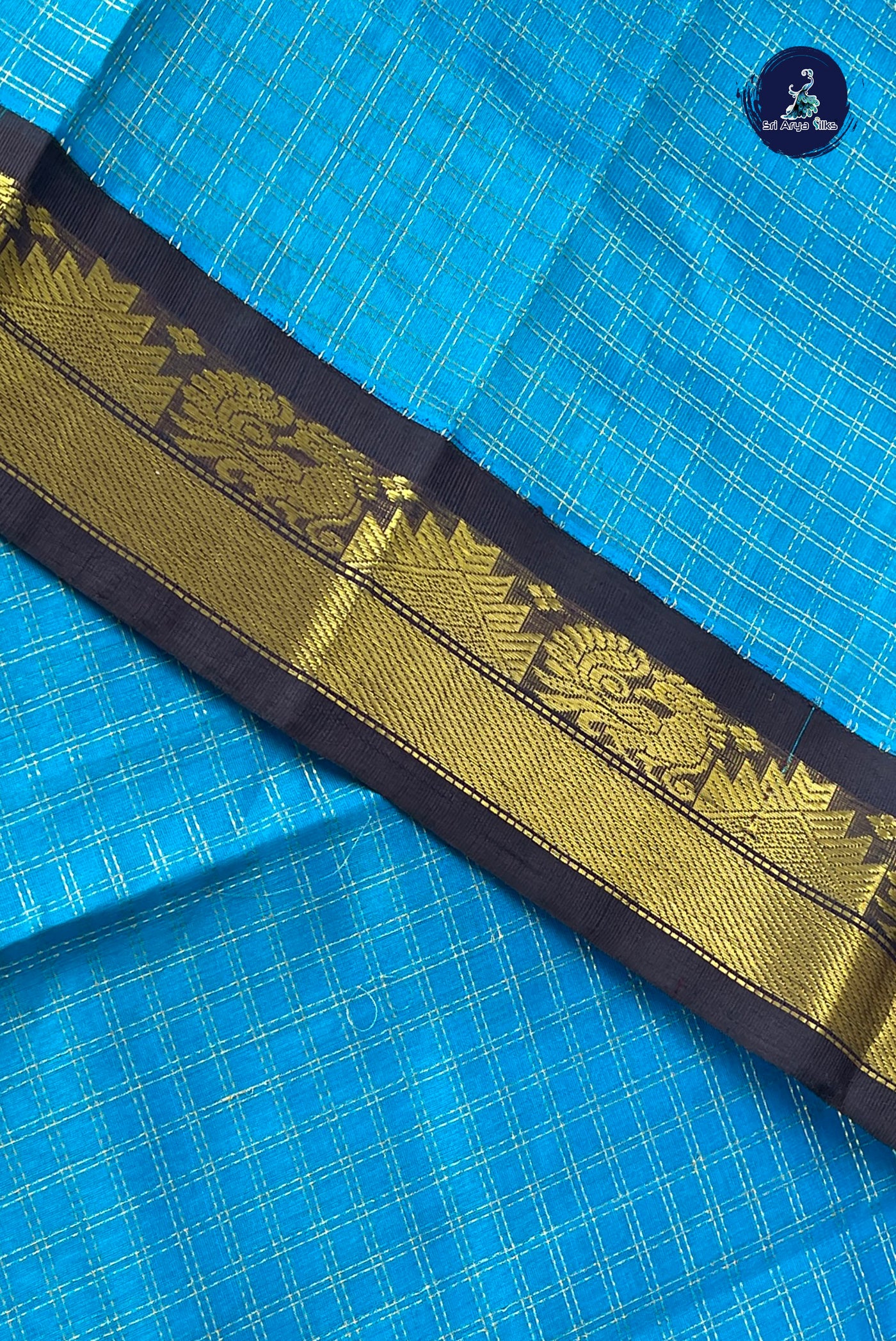 Blue Checked Saree With Zari Checked Pattern