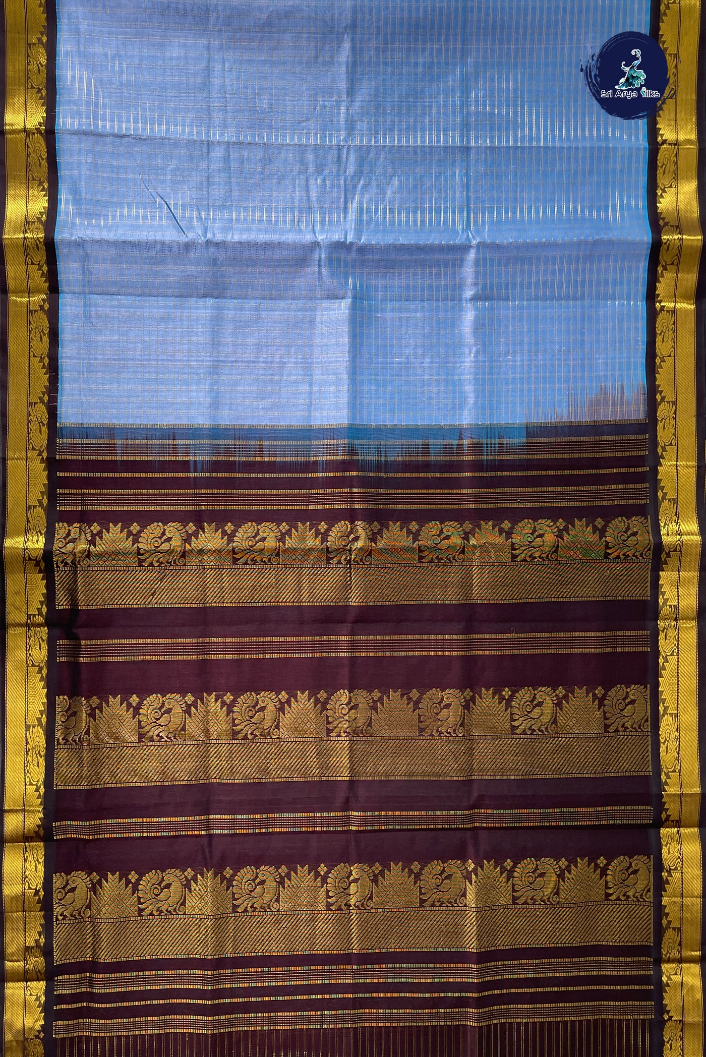 Light Blue Checked Saree With Zari Checked Pattern