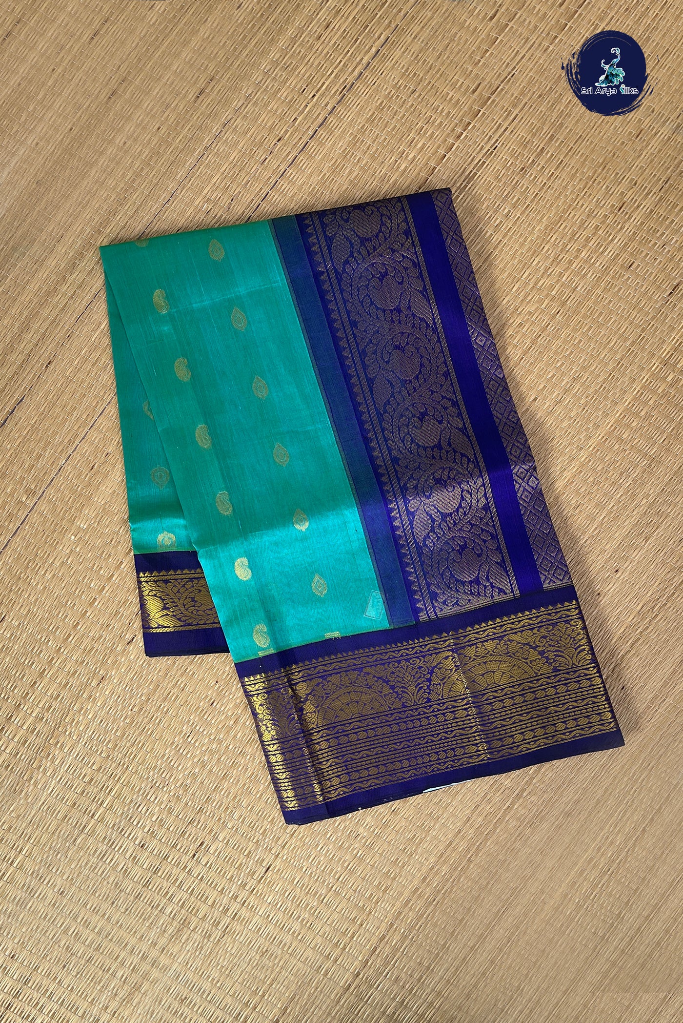Teal Blue Korvai Silk Cotton Saree With Zari Buttas Pattern