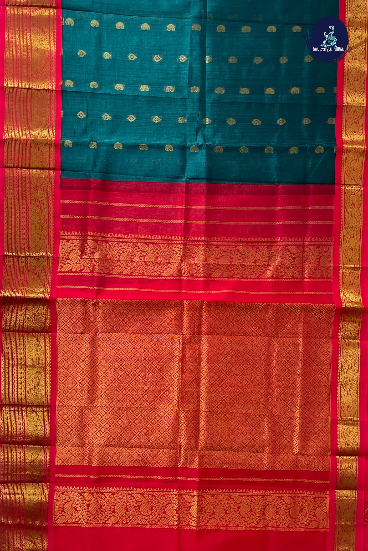 Green Korvai Silk Cotton Saree With Zari Buttas Pattern