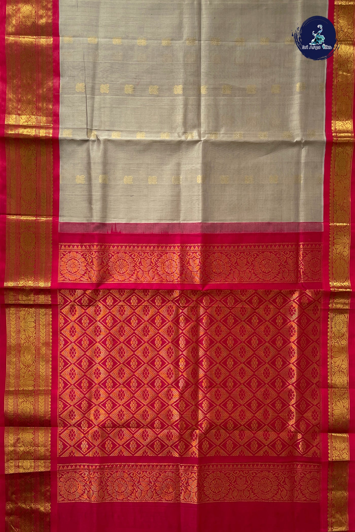 Grey Korvai Silk Cotton Saree With Zari Buttas Pattern