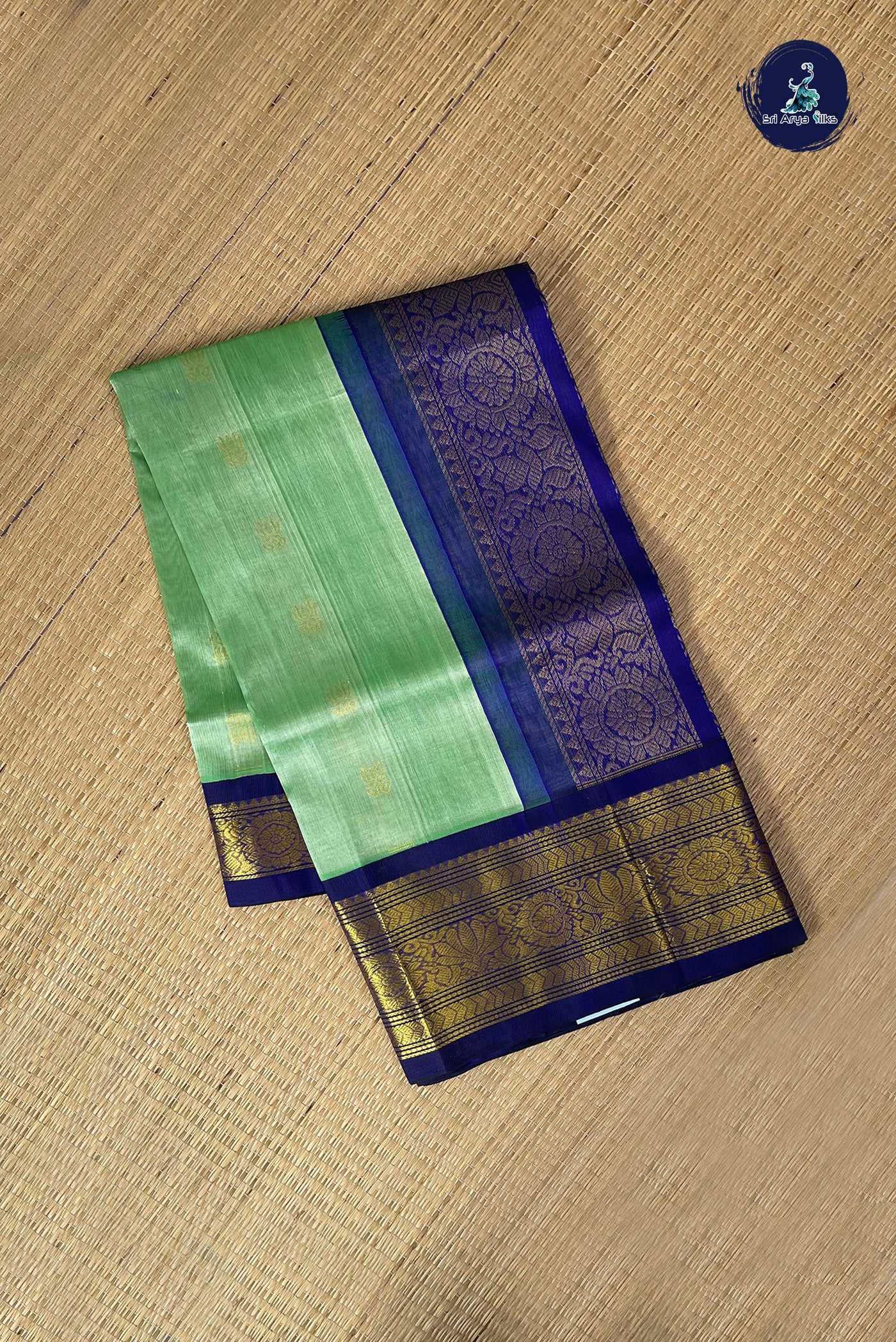 Pastel Green Korvai Silk Cotton Saree With Zari Buttas Pattern