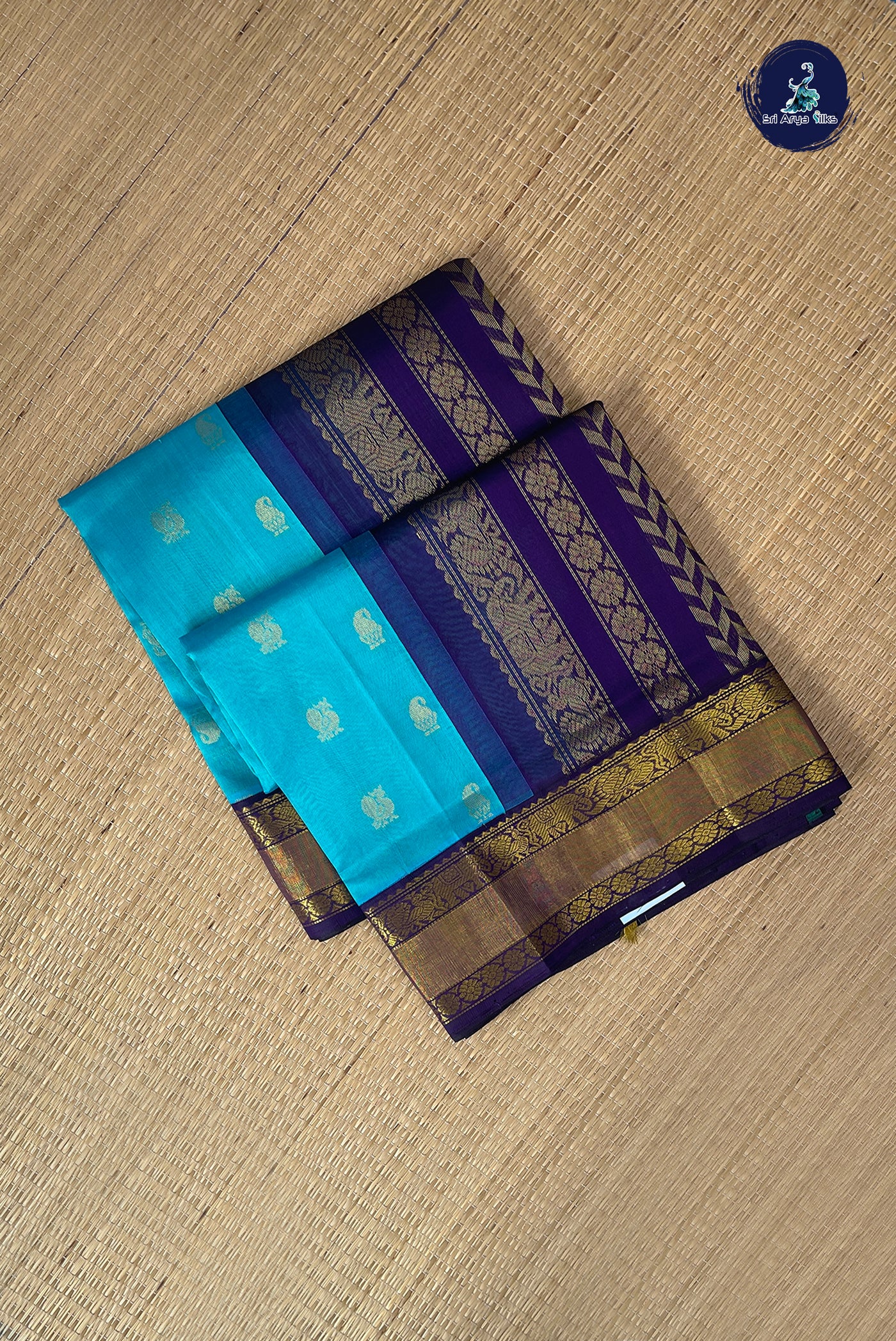 Teal Blue Korvai Silk Cotton Saree With Zari Buttas Pattern