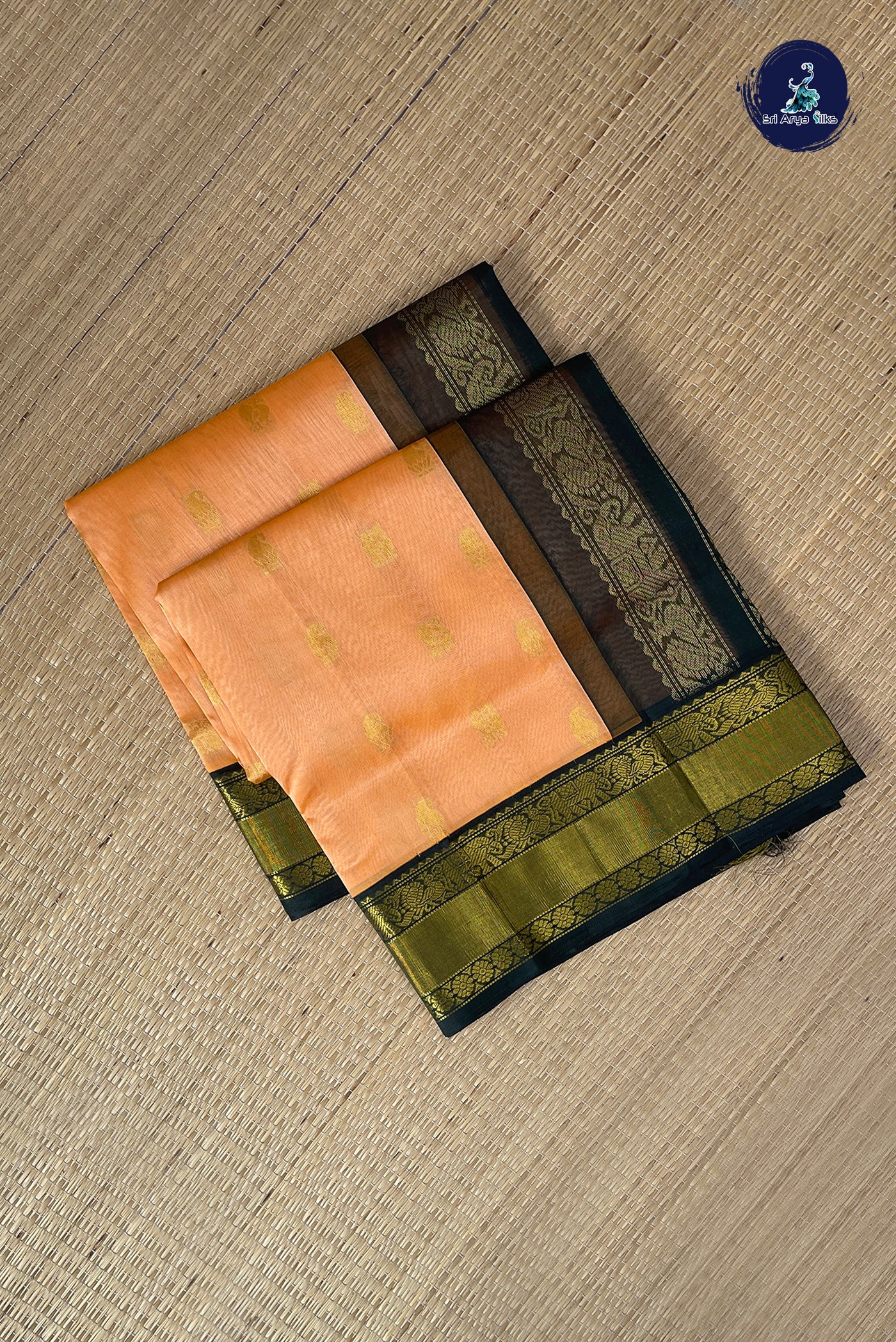Peach Korvai Silk Cotton Saree With Zari Buttas Pattern
