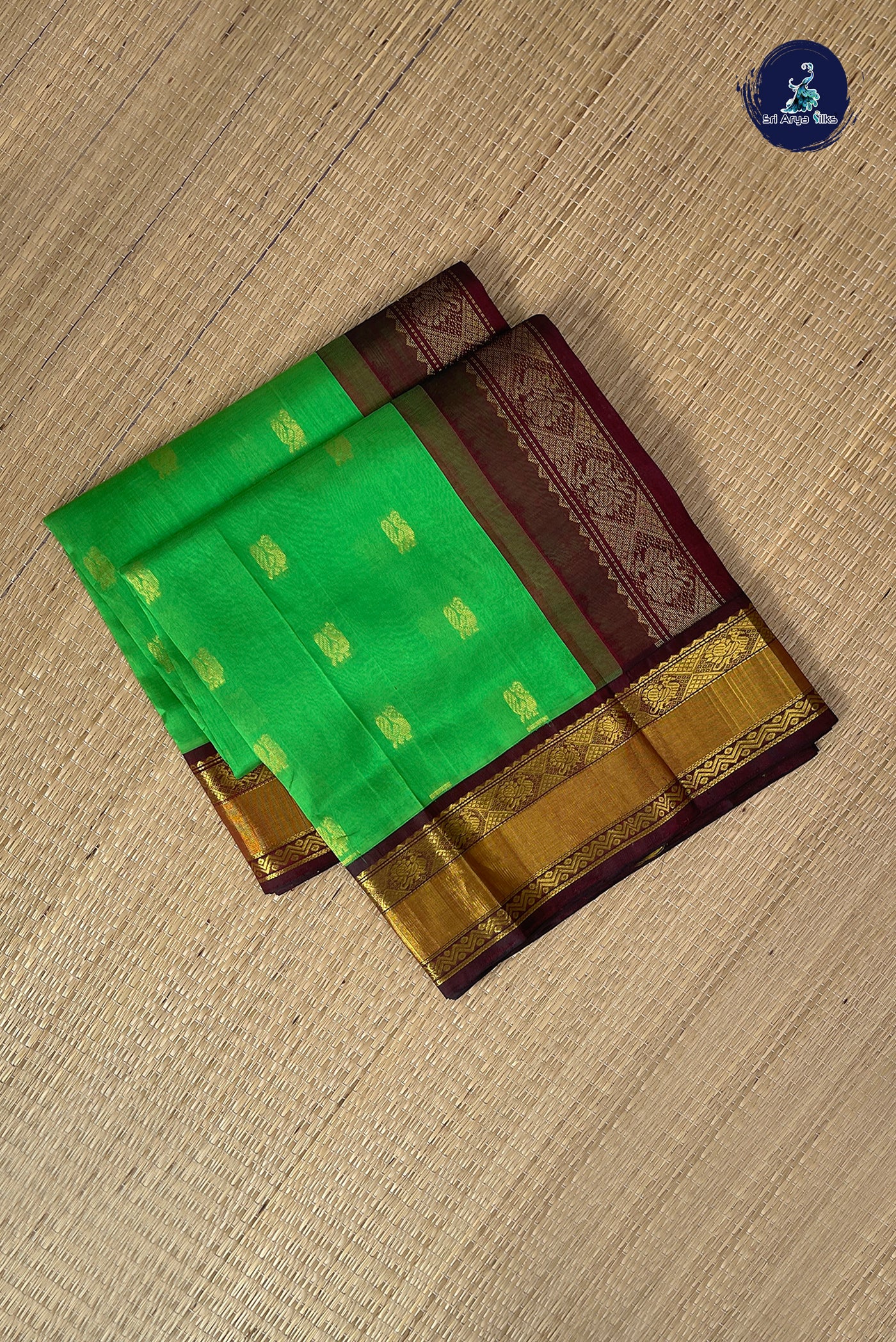 Parrot Green Korvai Silk Cotton Saree With Zari Buttas Pattern