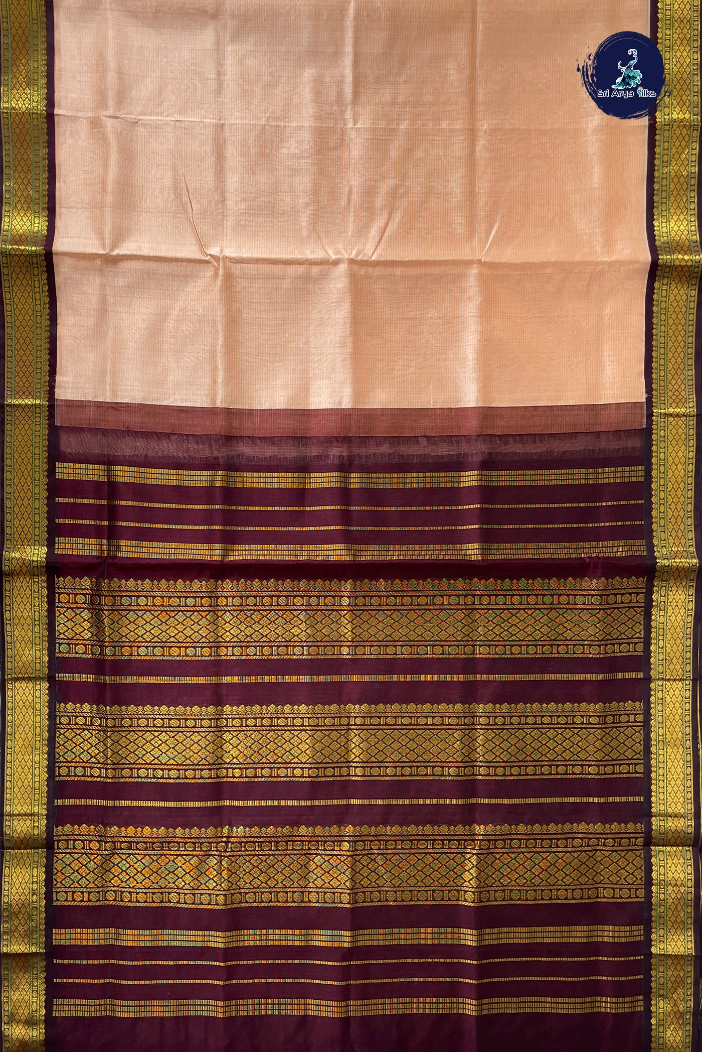 Fawn Korvai Silk Cotton Saree With Stripes Pattern