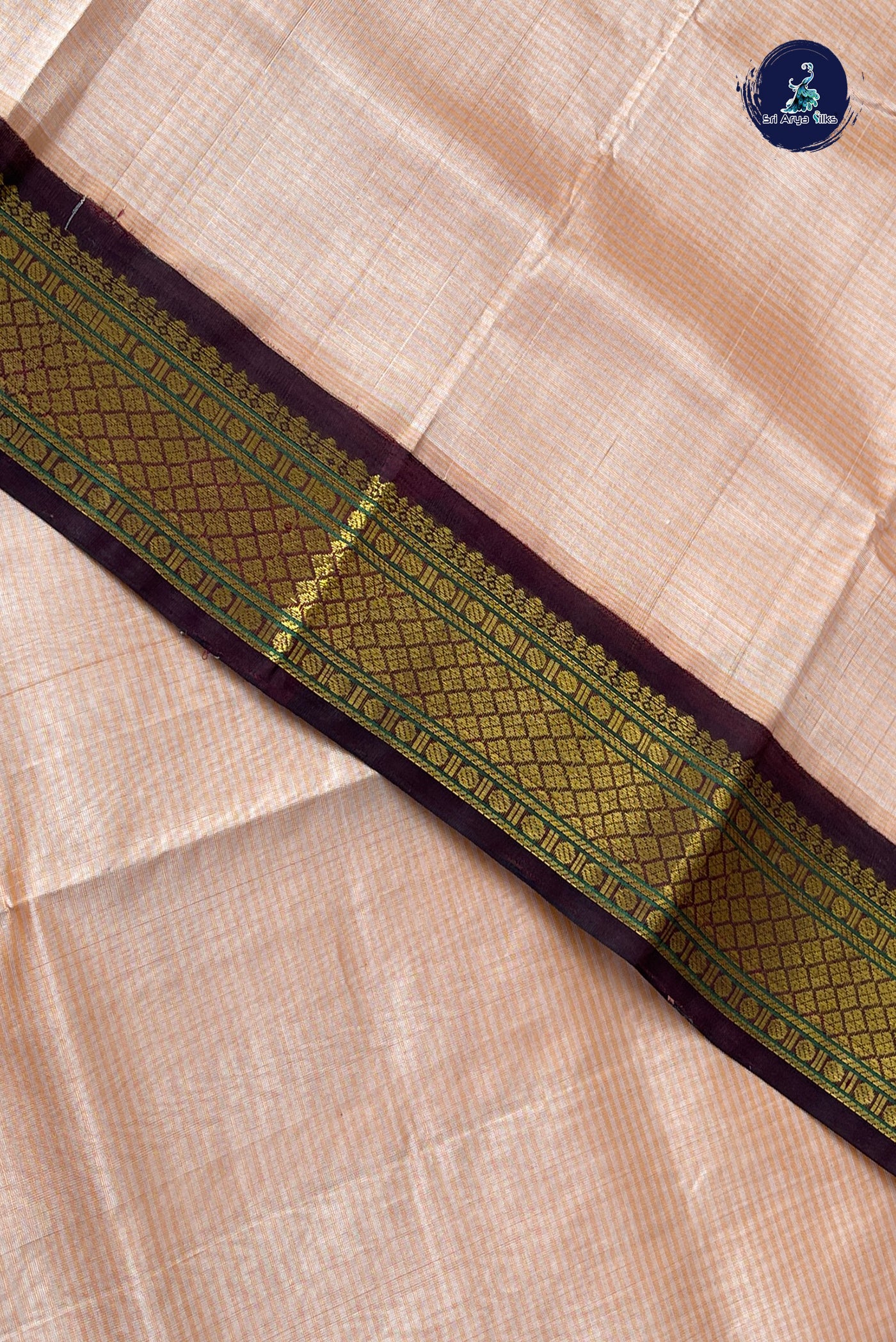 Fawn Korvai Silk Cotton Saree With Stripes Pattern