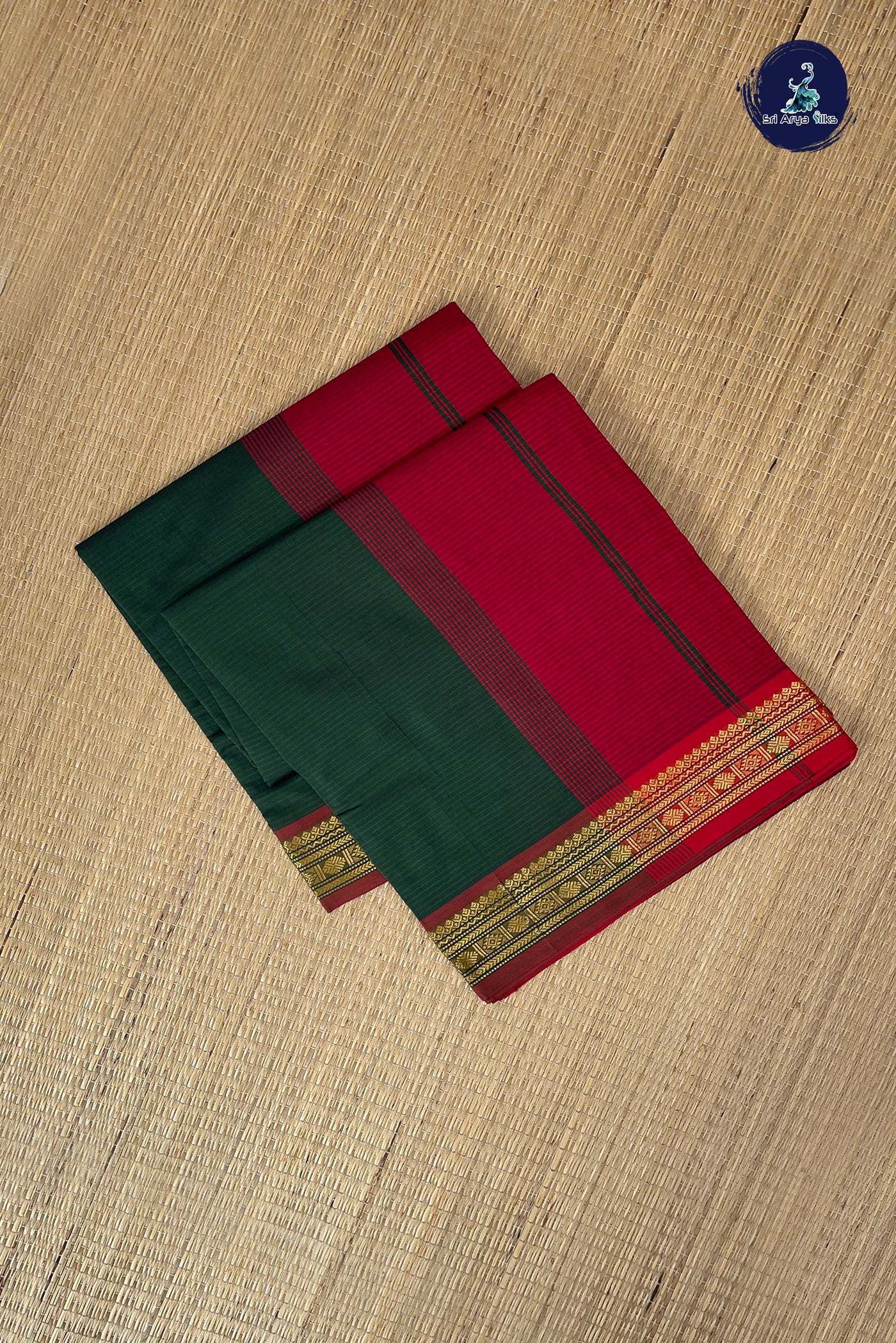 Dark Green Half Pure Silk Cotton Saree With Doria Lines Pattern