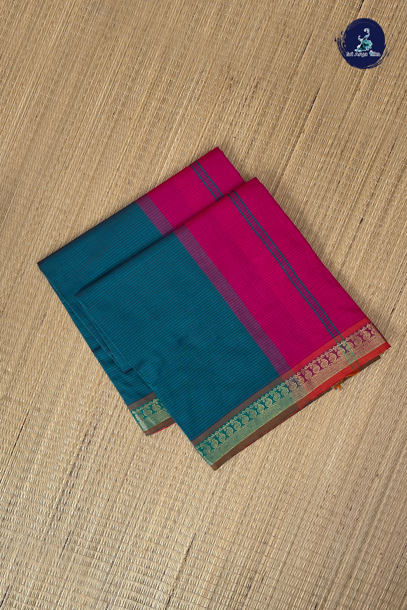 Teal Half Pure Silk Cotton Saree With Doria Lines Pattern