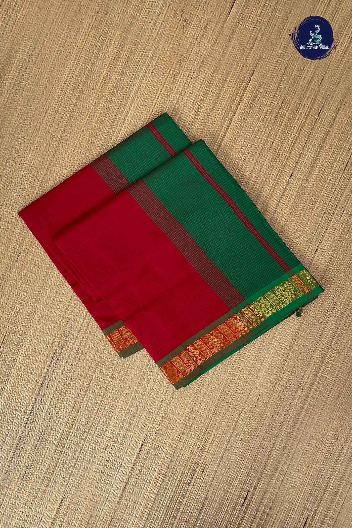 Red Half Pure Silk Cotton Saree With Doria Lines Pattern
