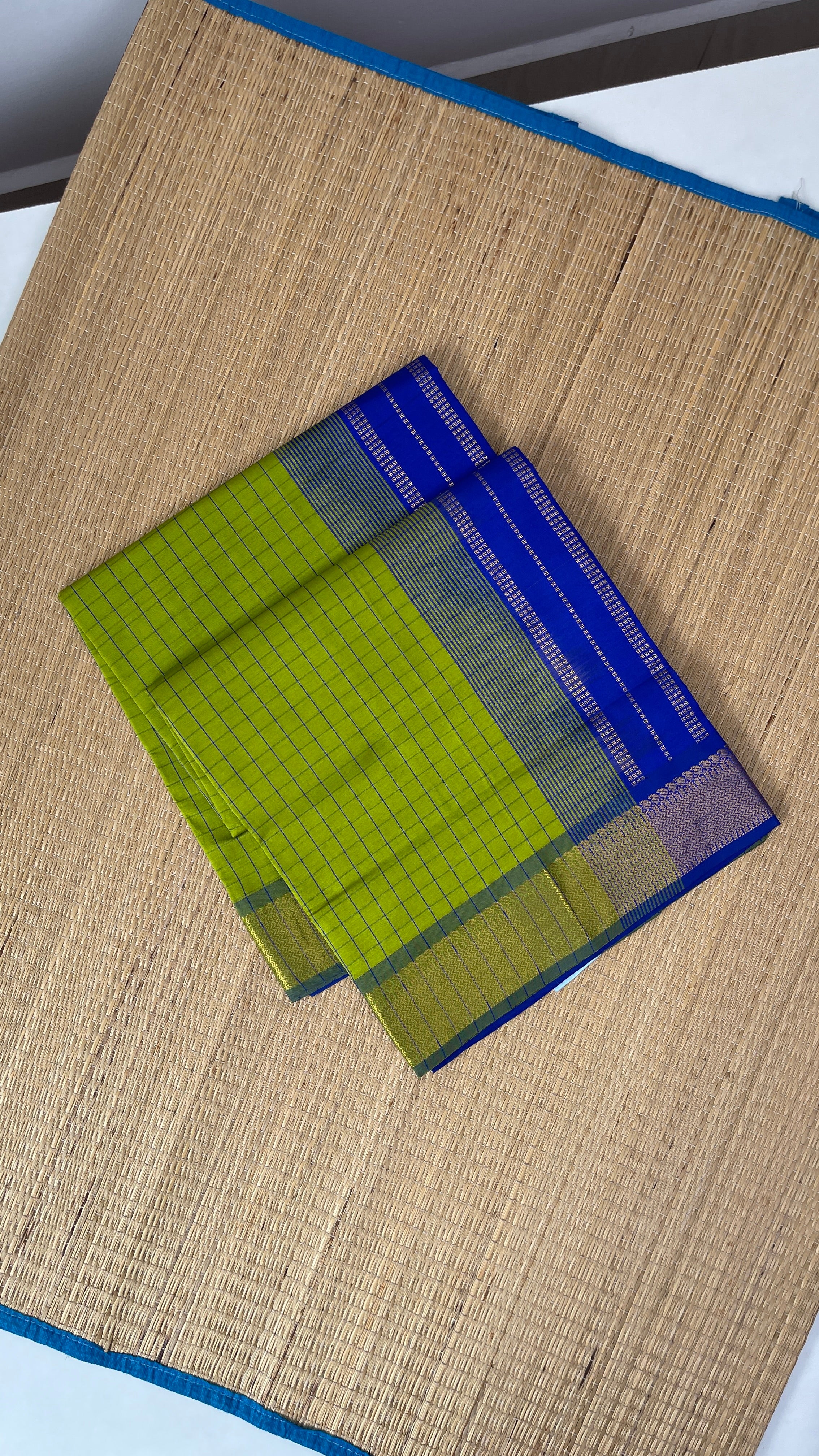 Lime Green Checked Saree With Checked Pattern