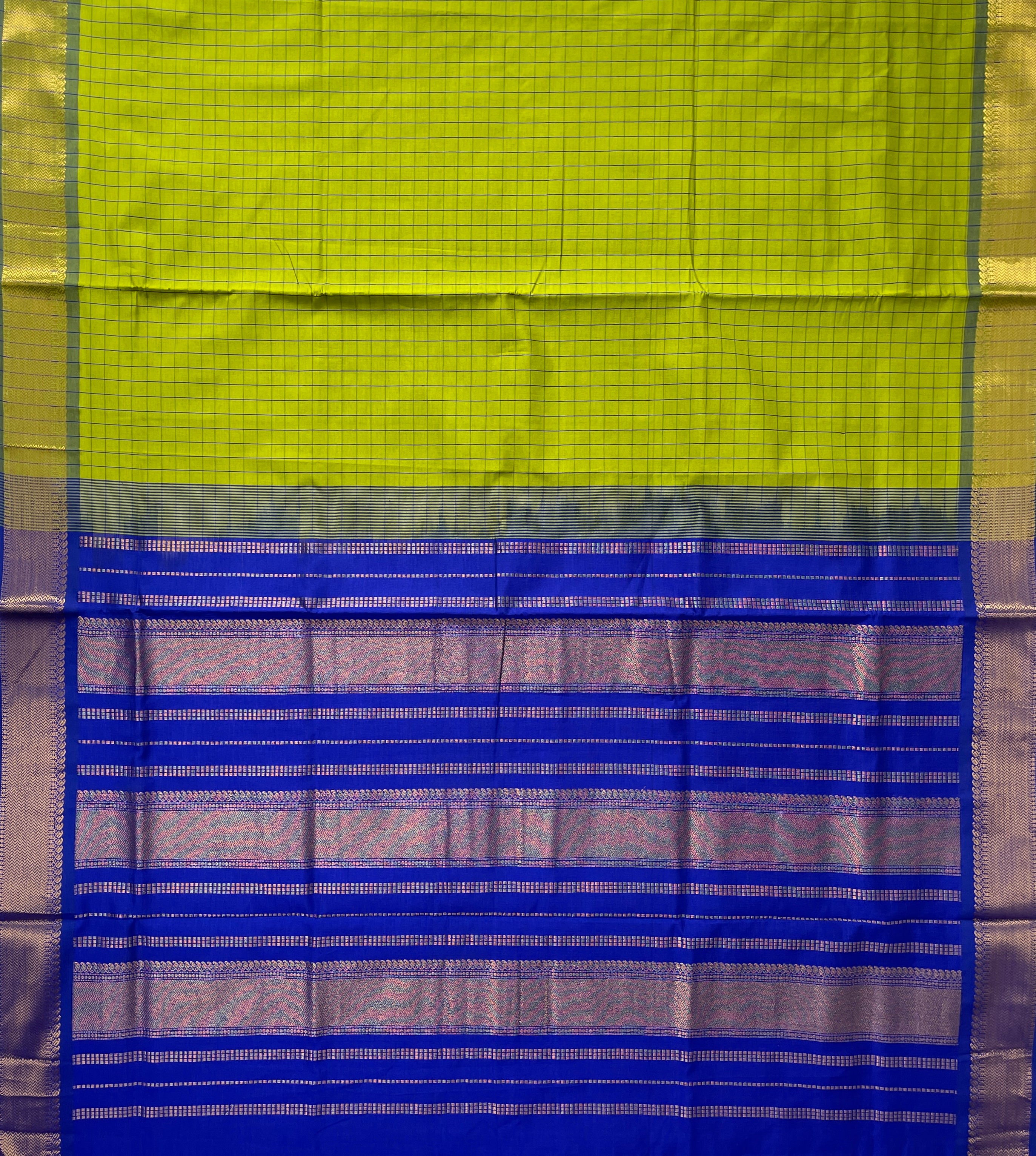 Lime Green Checked Saree With Checked Pattern