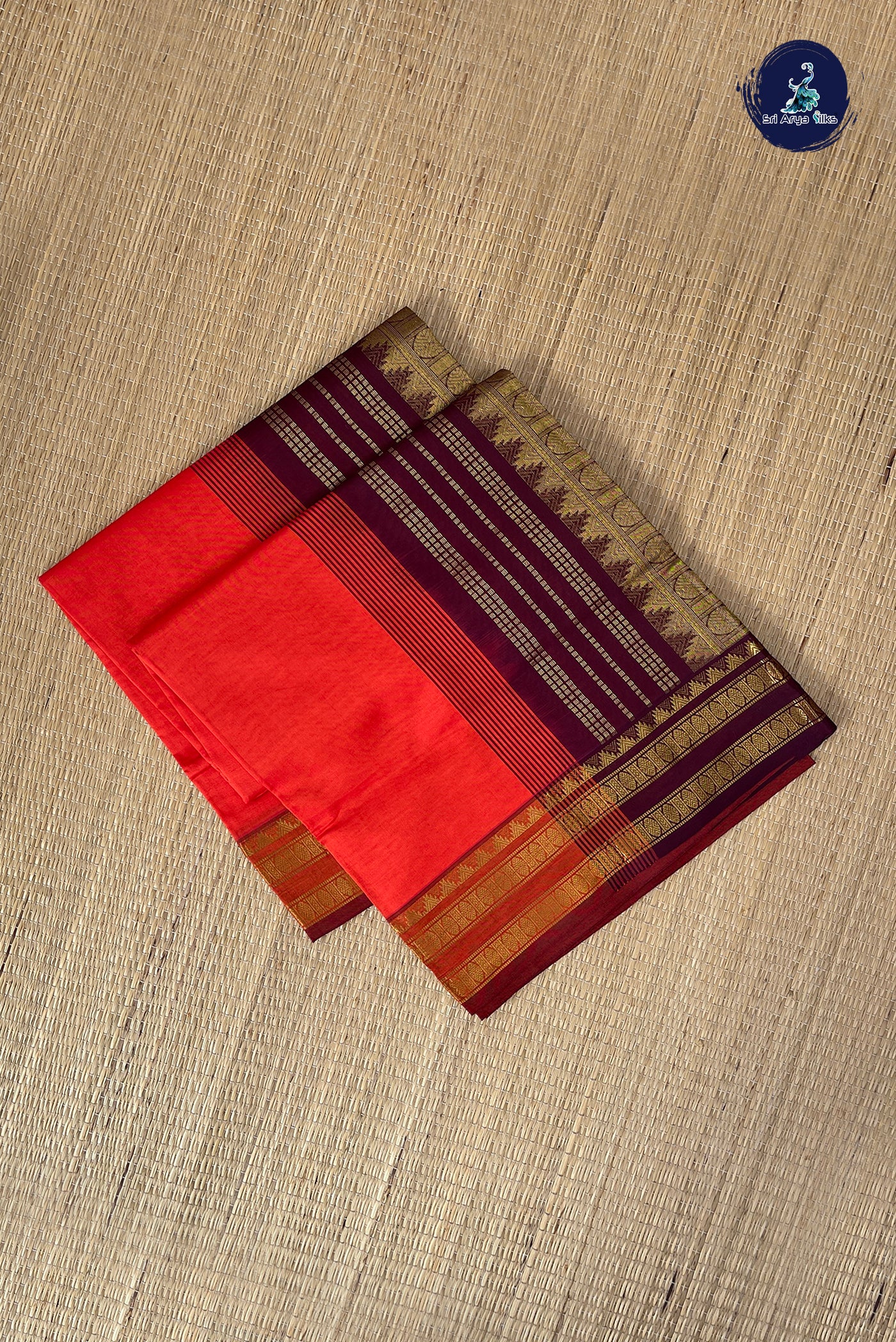 Orange Half Pure Silk Cotton Saree With Plain Pattern