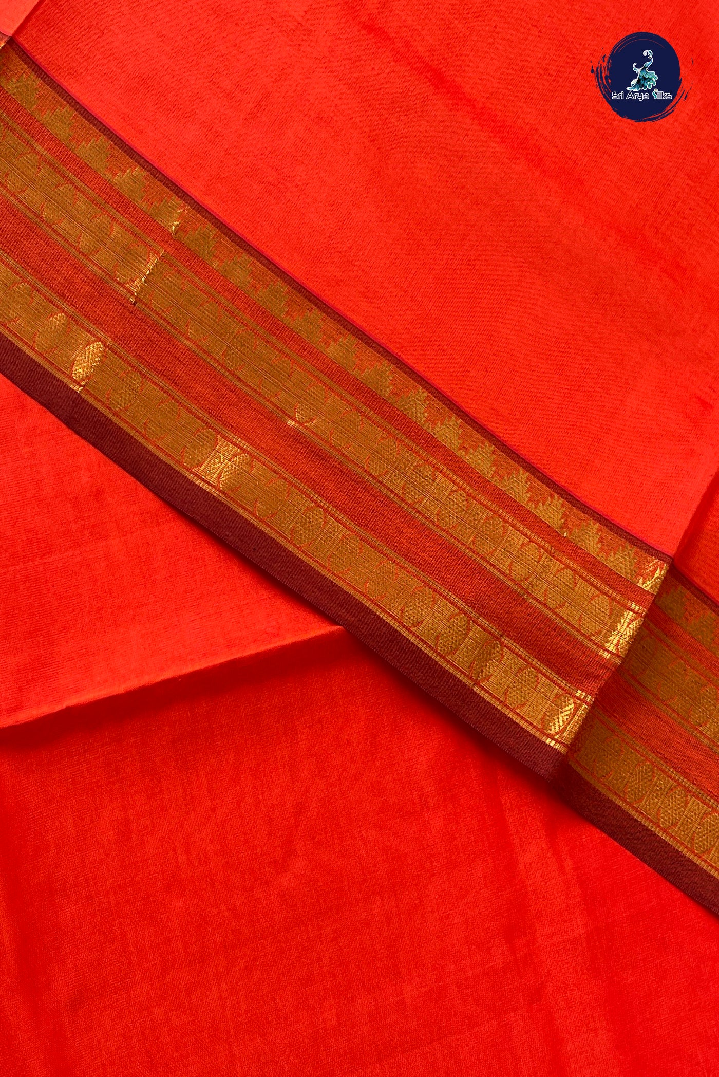 Orange Half Pure Silk Cotton Saree With Plain Pattern