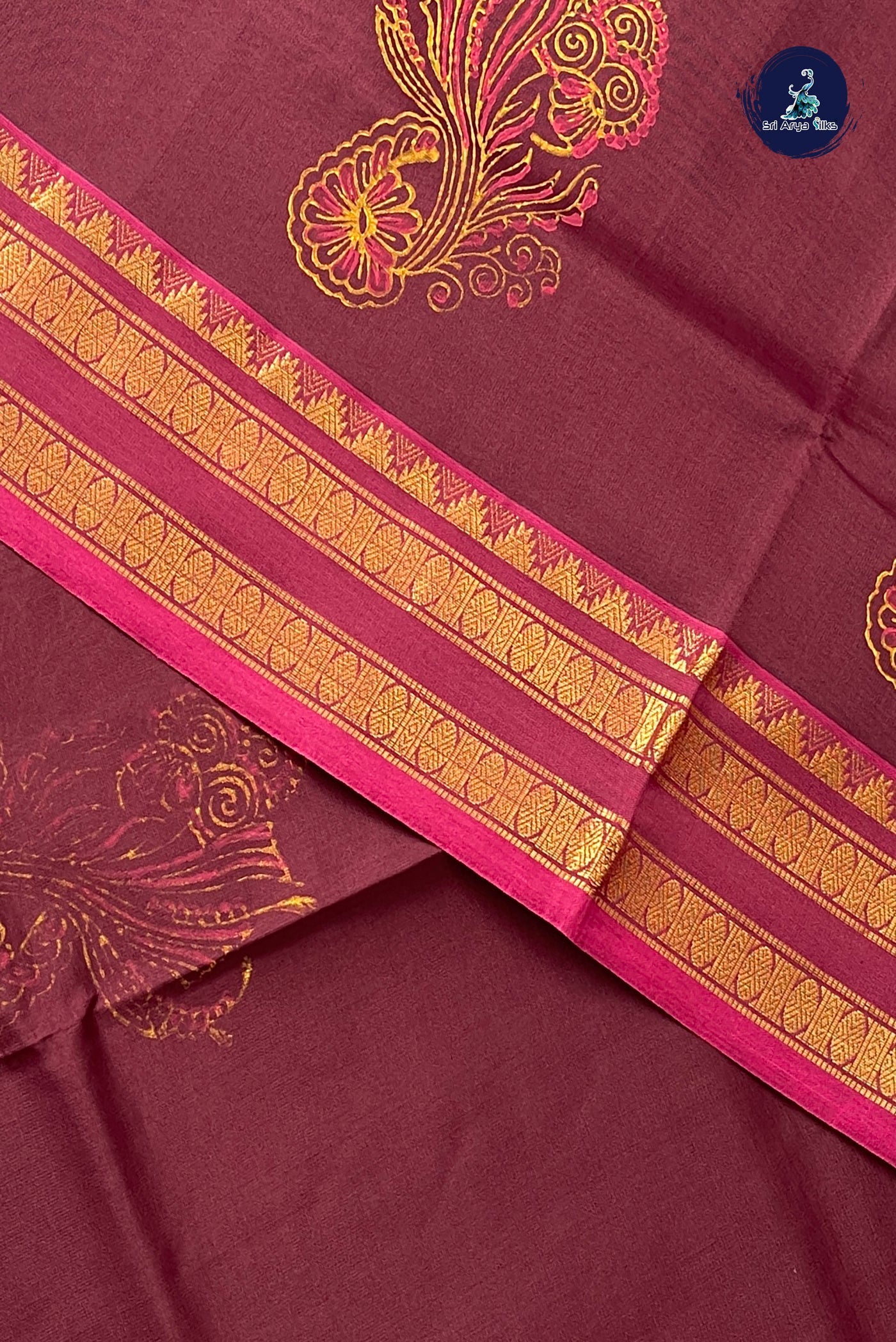 Brown Half Pure Silk Cotton Saree With Printed Pattern