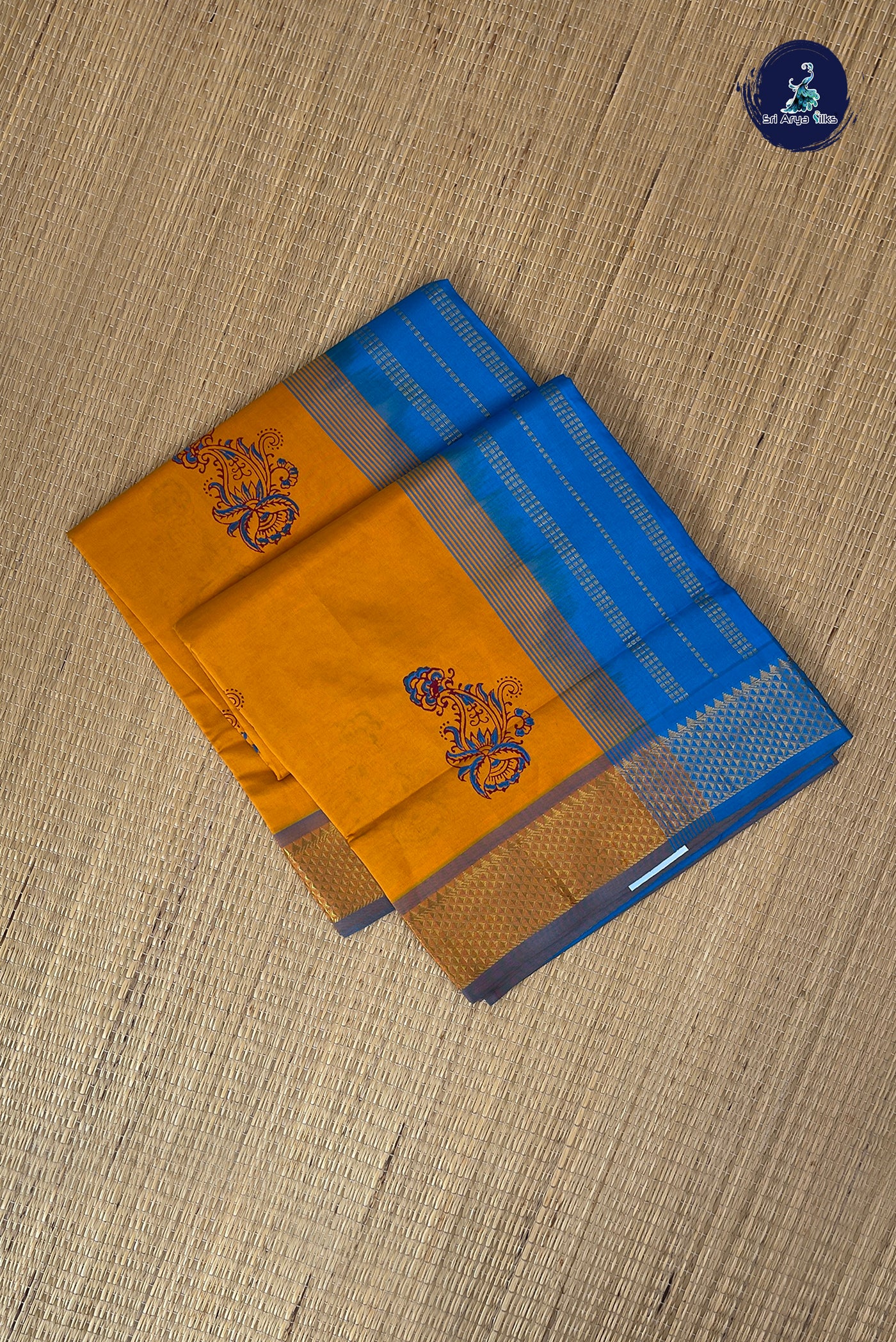 Mustard Yellow Half Pure Silk Cotton Saree With Printed Pattern