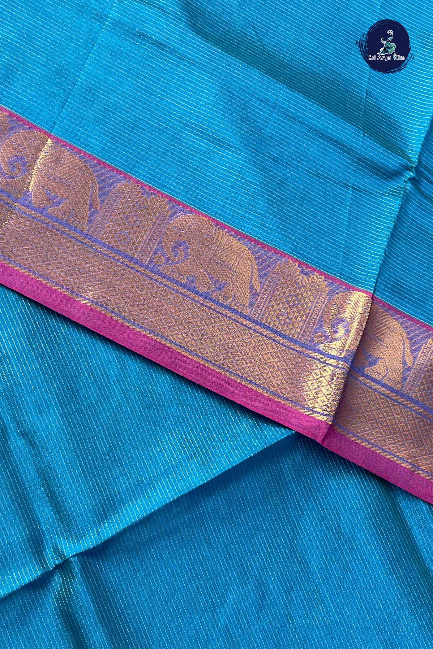 Copper Sulphate Blue Half Pure Silk Cotton Saree With Vaira Oosi Pattern