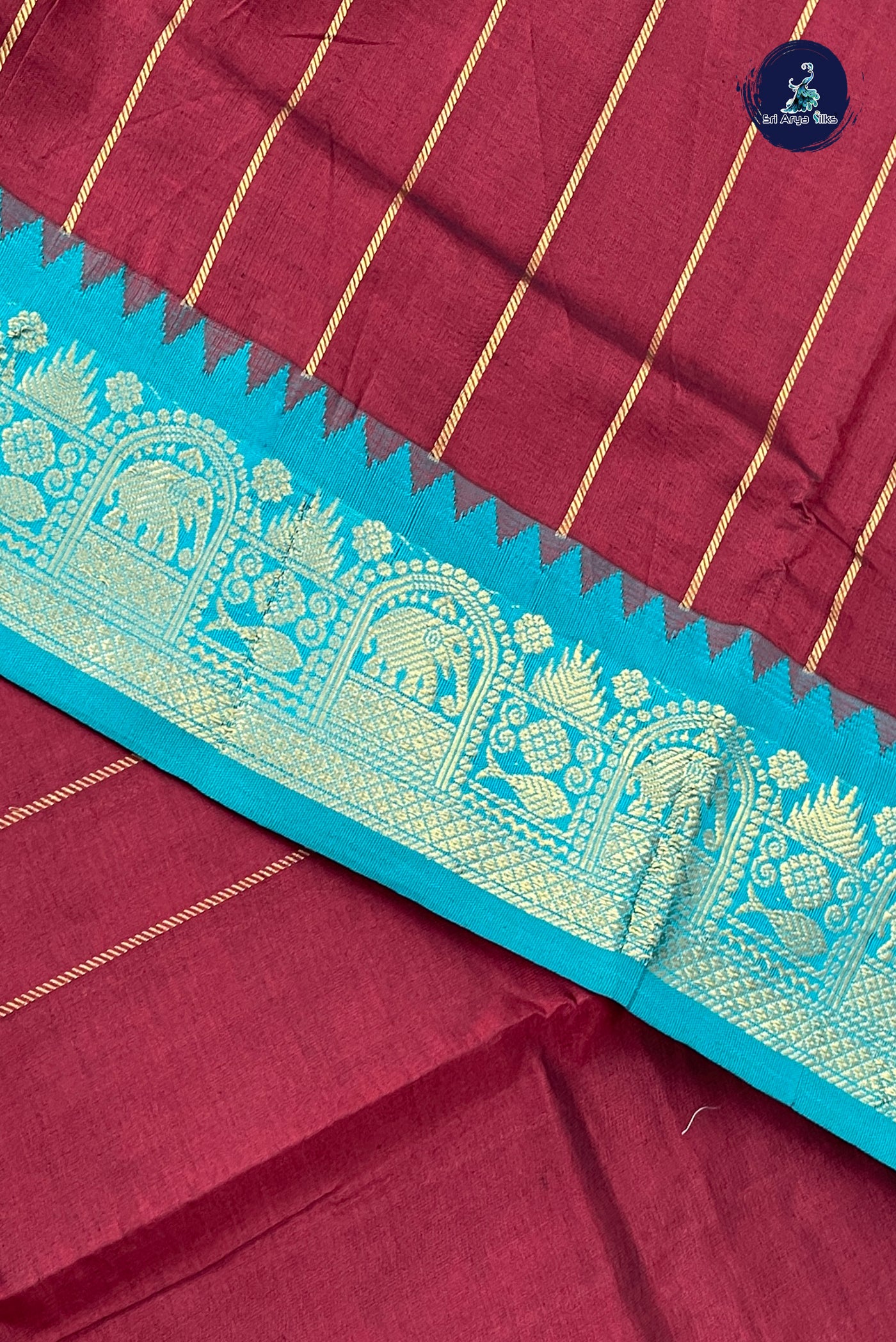 Brown Half Pure Silk Cotton Saree With Stripes Pattern