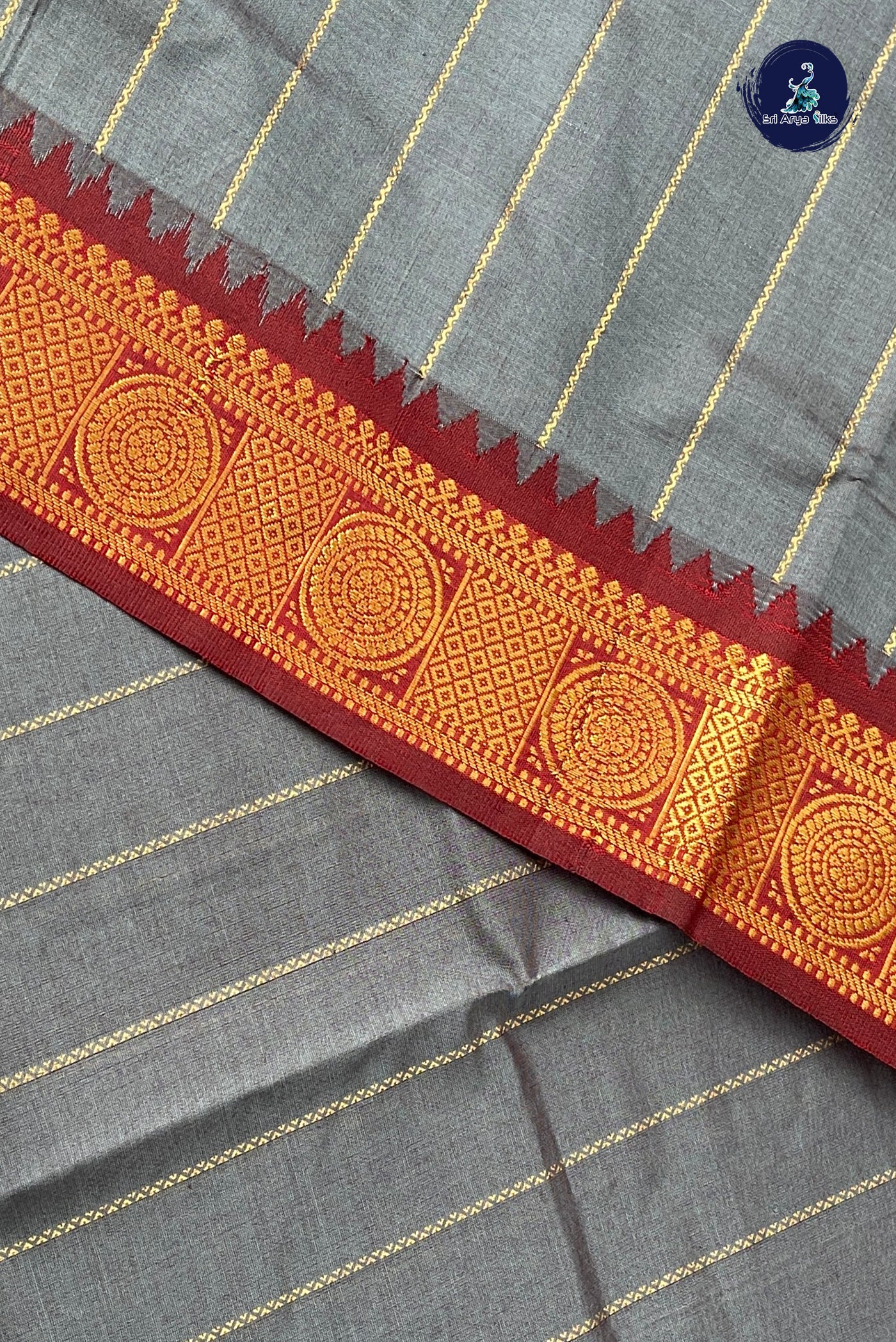Grey Half Pure Silk Cotton Saree With Stripes Pattern