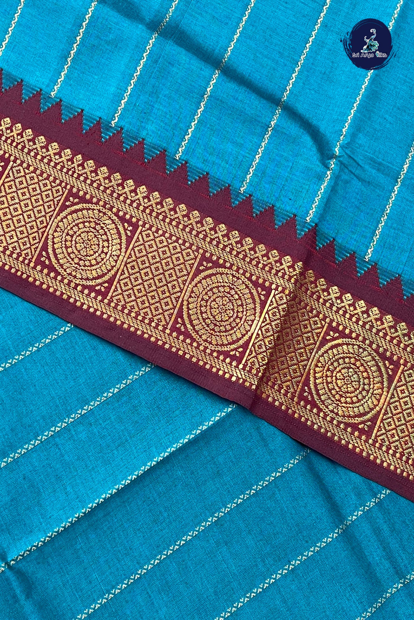Teal Half Pure Silk Cotton Saree With Stripes Pattern