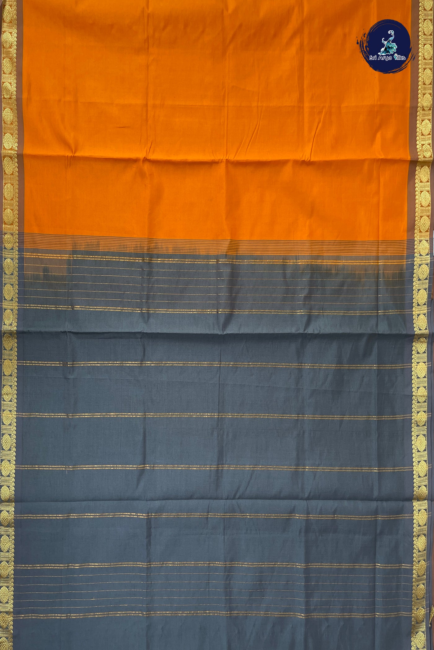Lite Mustard Orange Half Pure Silk Cotton Saree With Plain Pattern