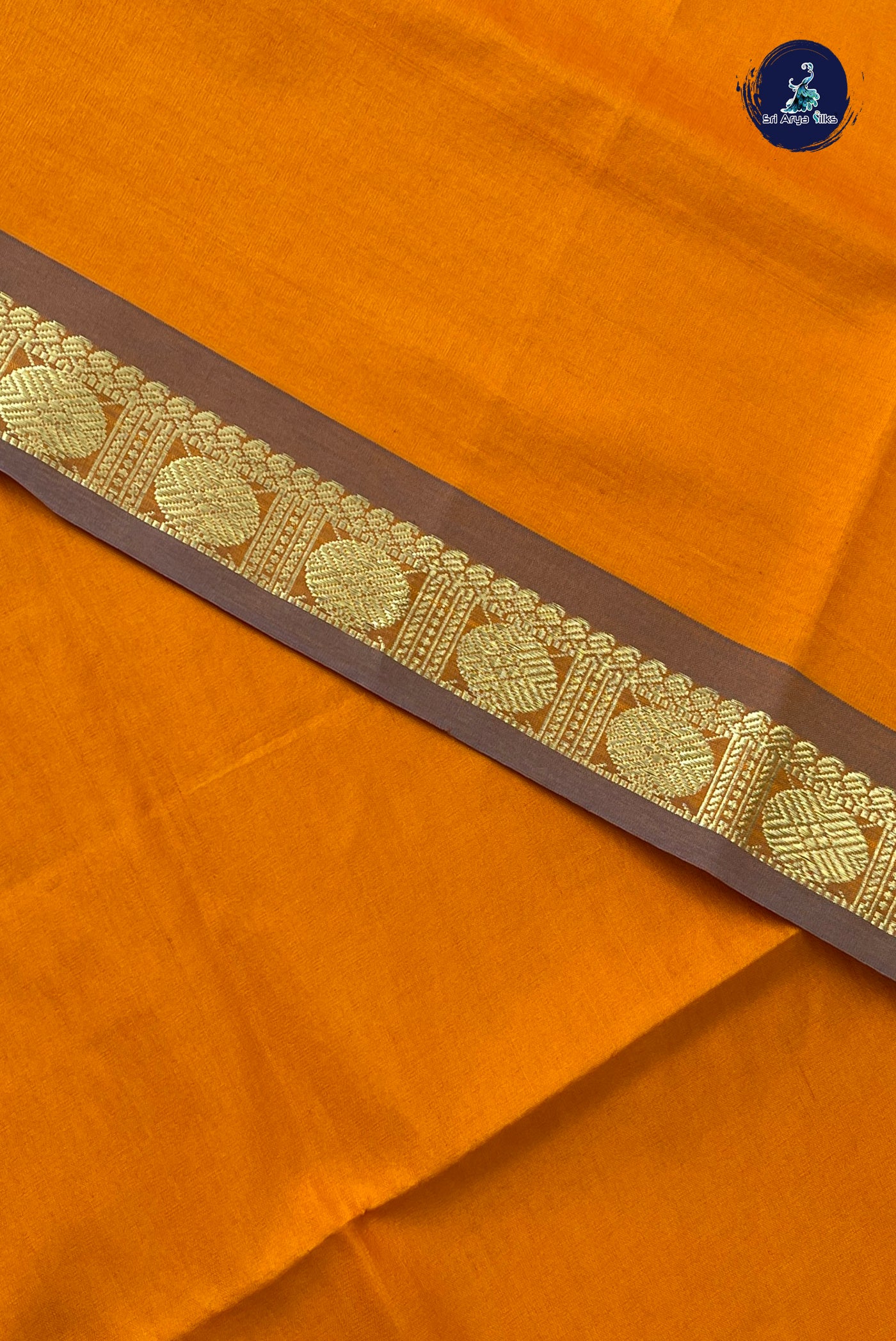 Lite Mustard Orange Half Pure Silk Cotton Saree With Plain Pattern