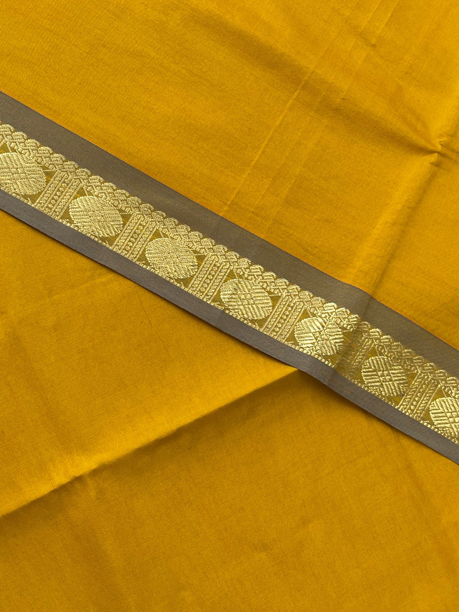 Mustard Yellow Half Pure Silk Cotton Saree With Plain Pattern