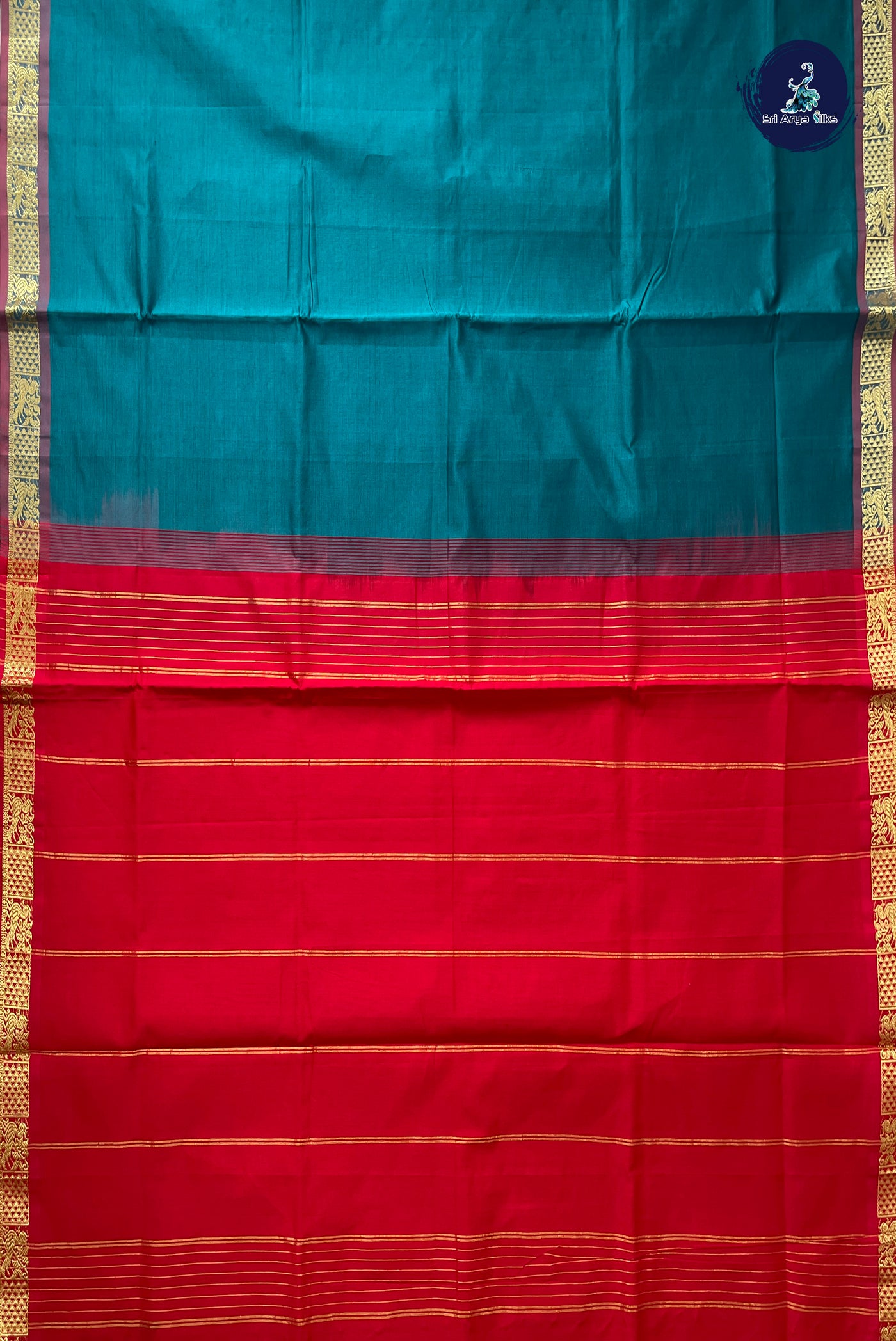 Teal Half Pure Silk Cotton Saree With Plain Pattern