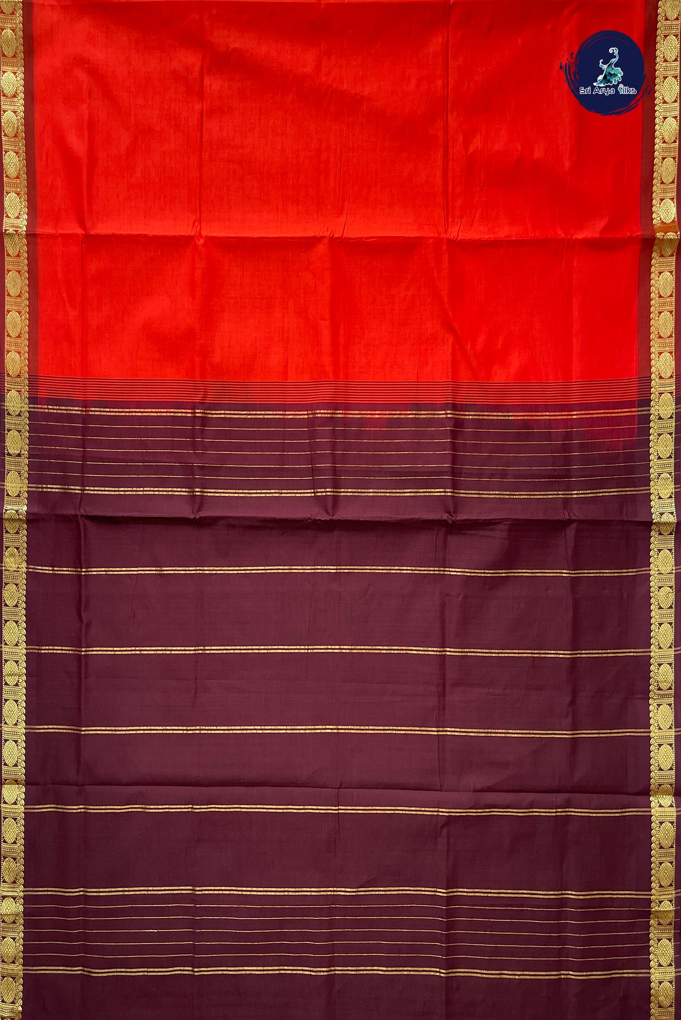 Orange Half Pure Silk Cotton Saree With Plain Pattern
