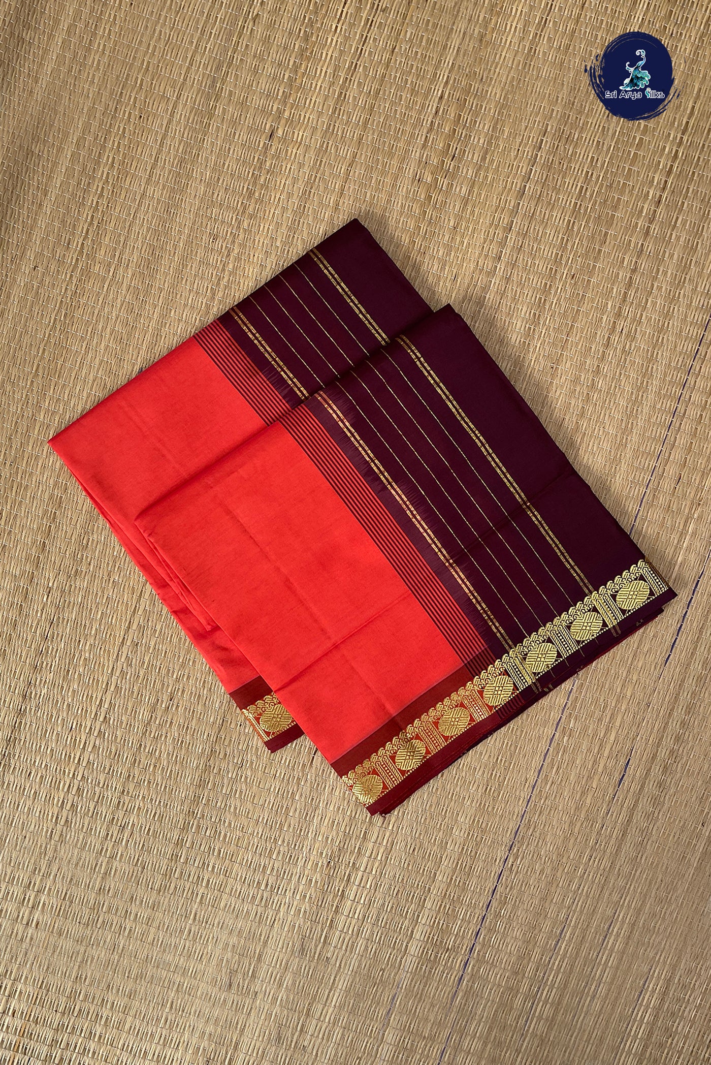 Orange Half Pure Silk Cotton Saree With Plain Pattern
