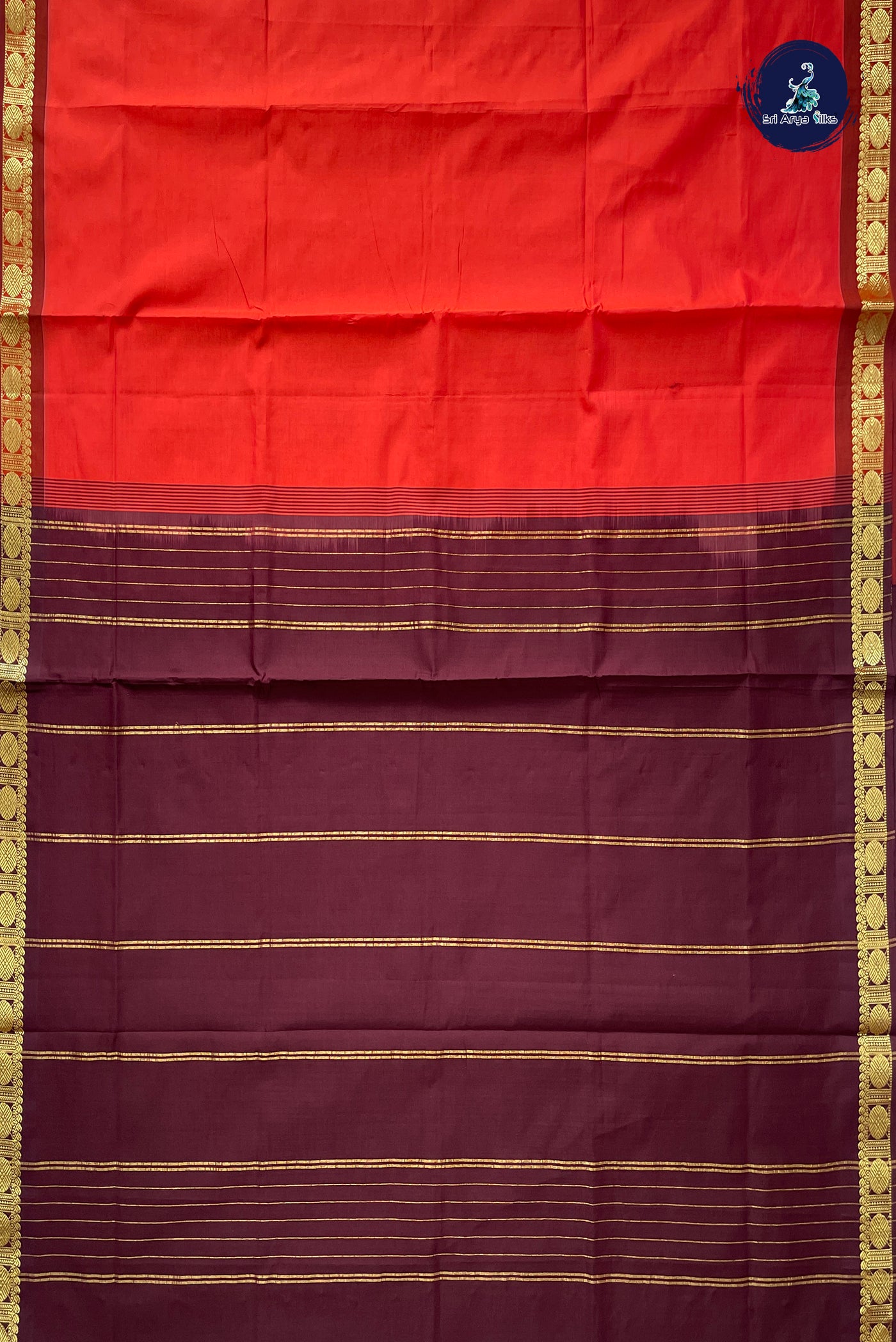 Orange Half Pure Silk Cotton Saree With Plain Pattern