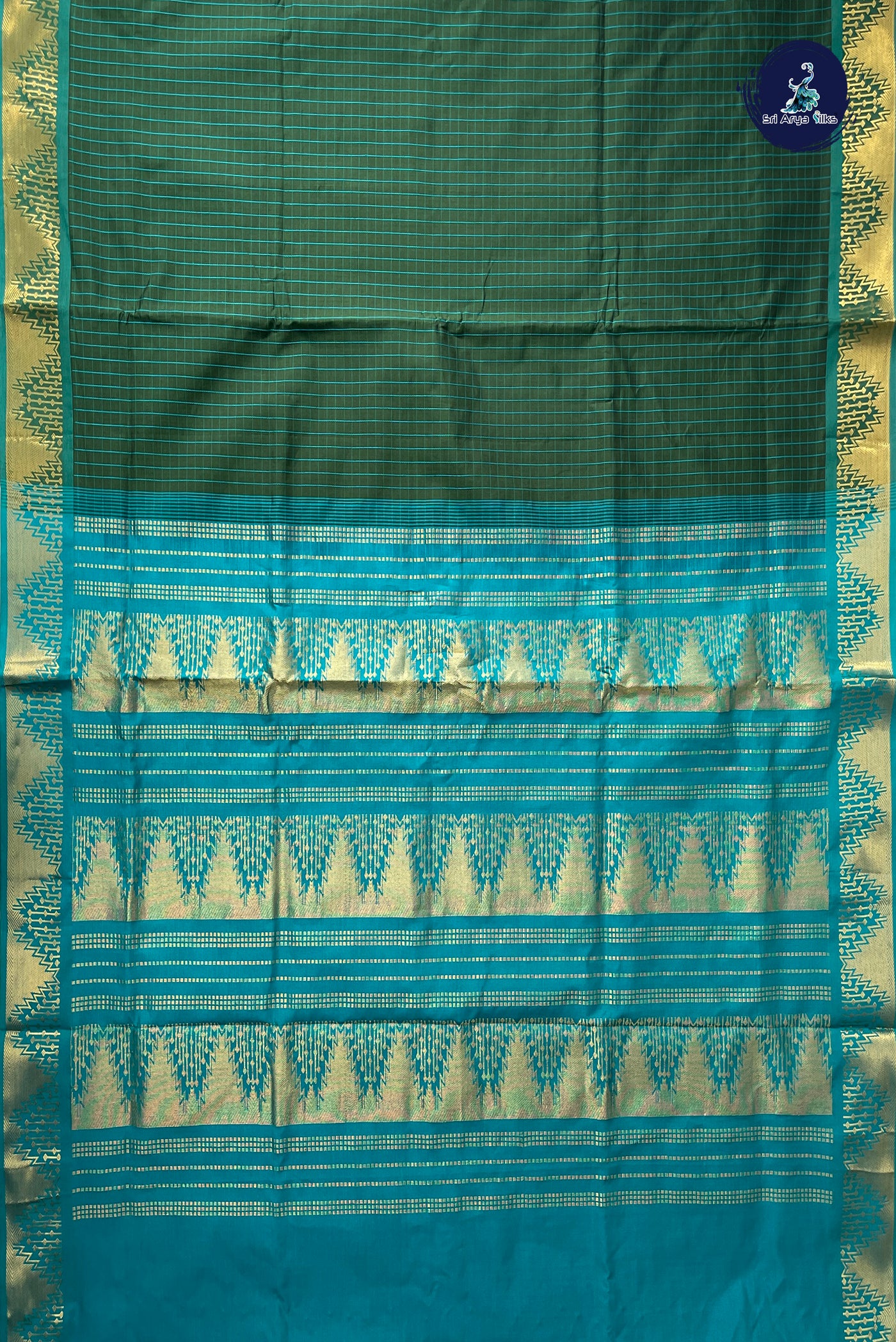Dark Green Checked Saree With Checked Pattern