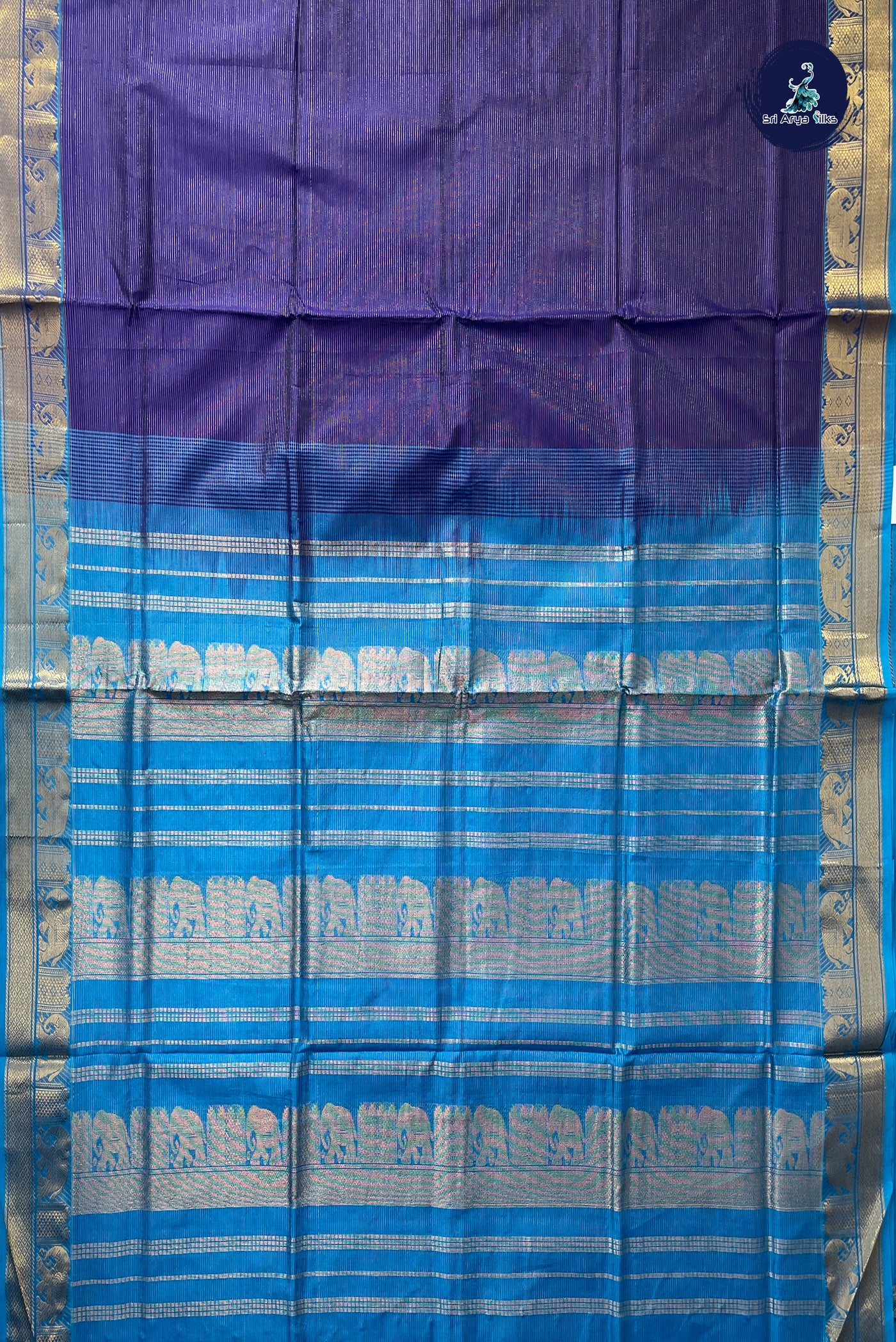 Dark Blue Vaira Oosi Silk Cotton Saree With Vaira Oosi Pattern