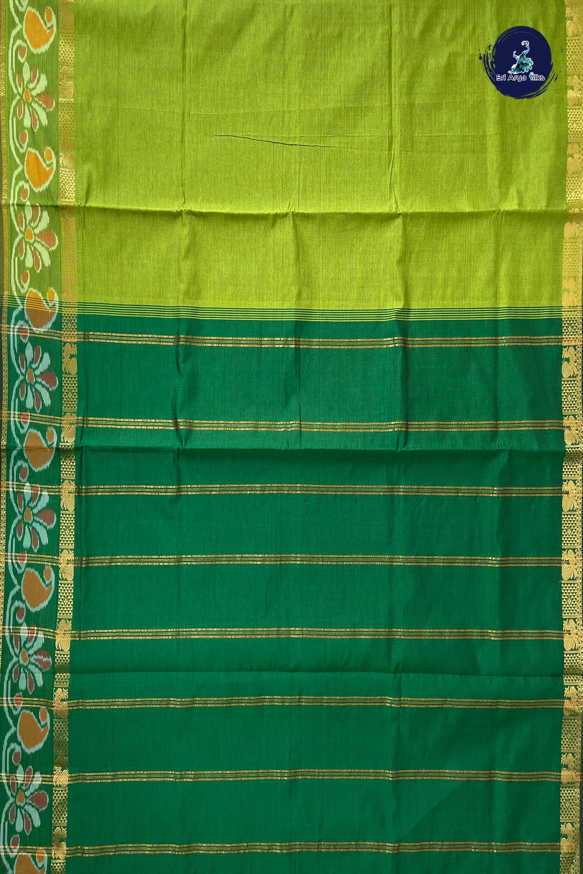 Lime Green Half Pure Silk Cotton Saree With Plain Pattern