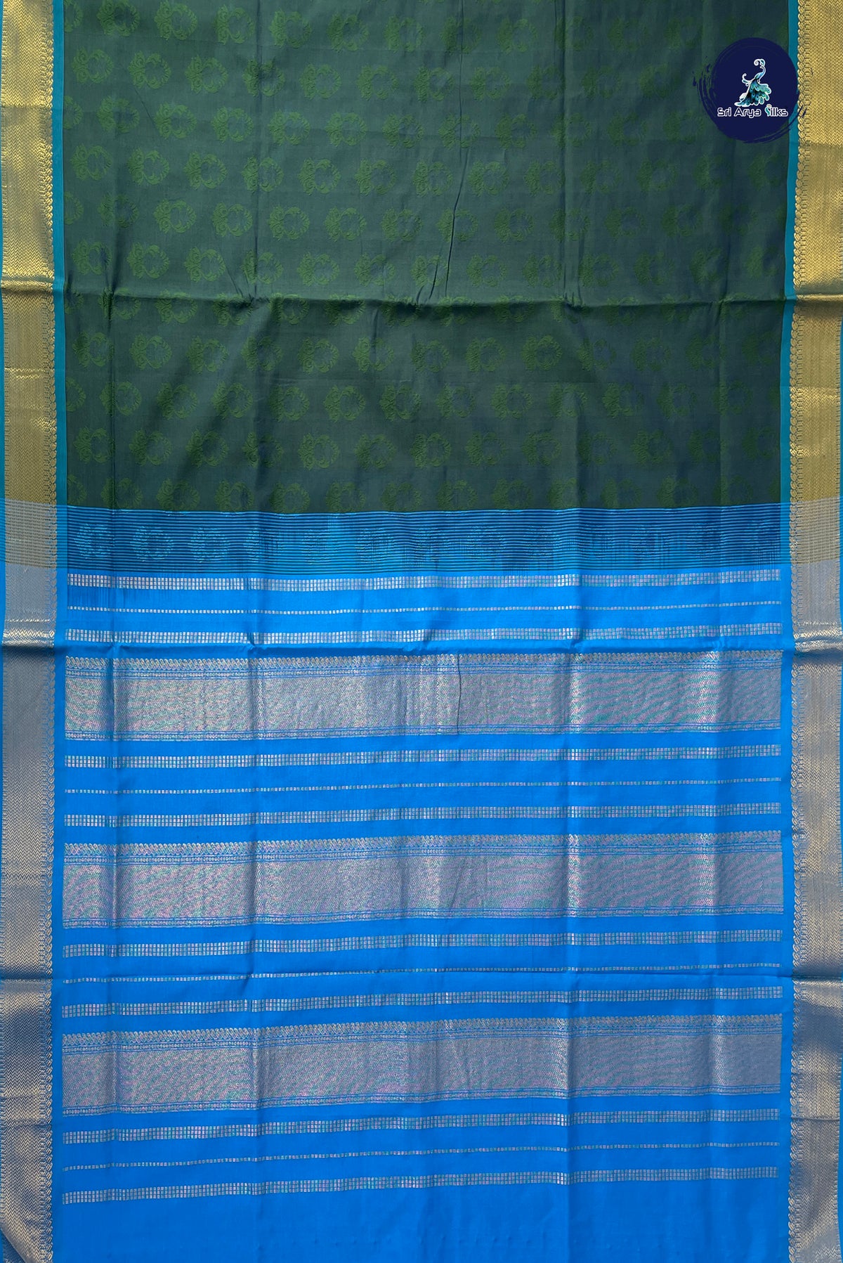 Dark Green Half Pure Silk Cotton Saree With Embossed Pattern