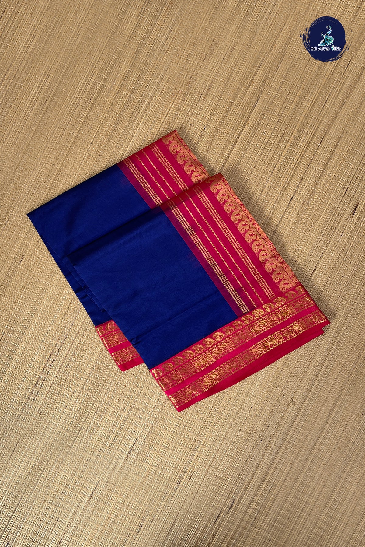Dark Blue Half Pure Silk Cotton Saree With Plain Pattern
