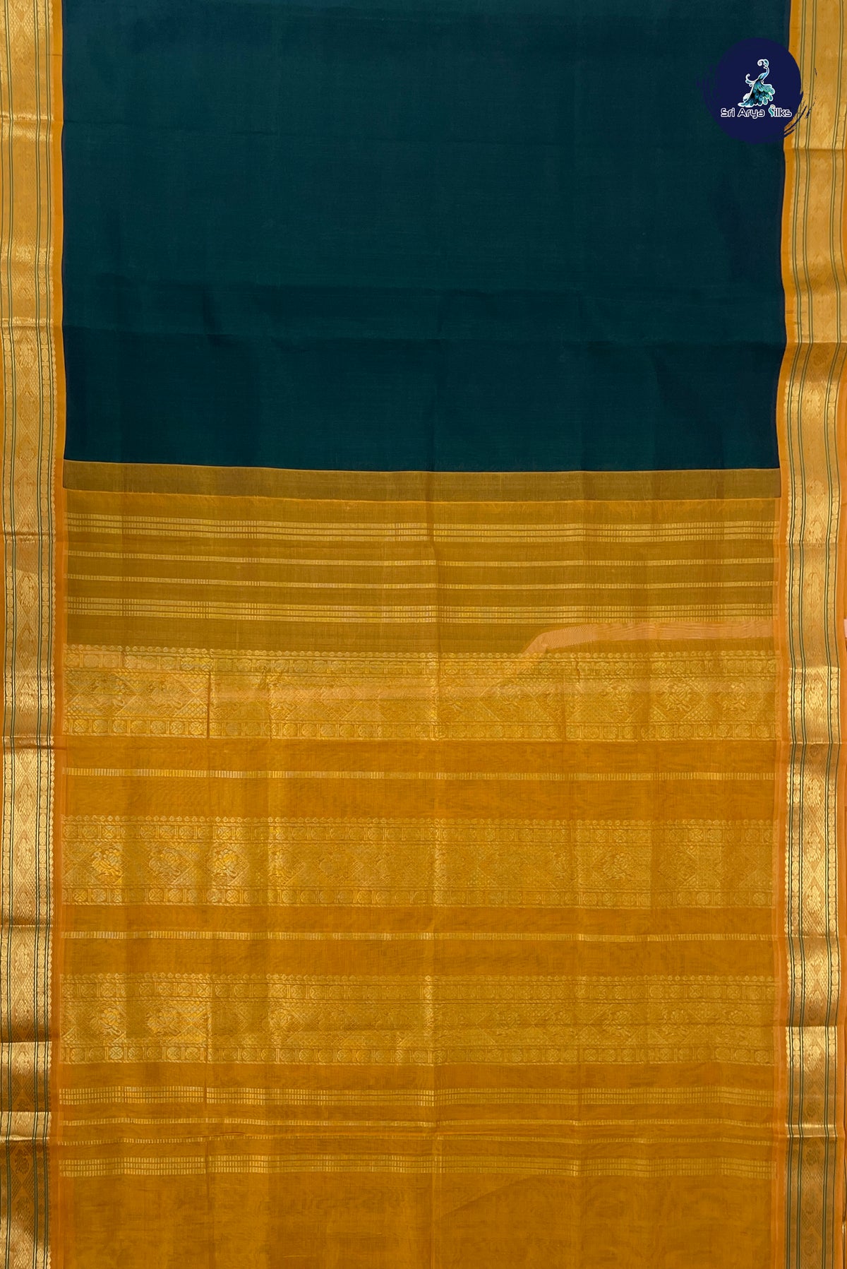 Bottle Green Korvai Silk Cotton Saree With Plain Pattern