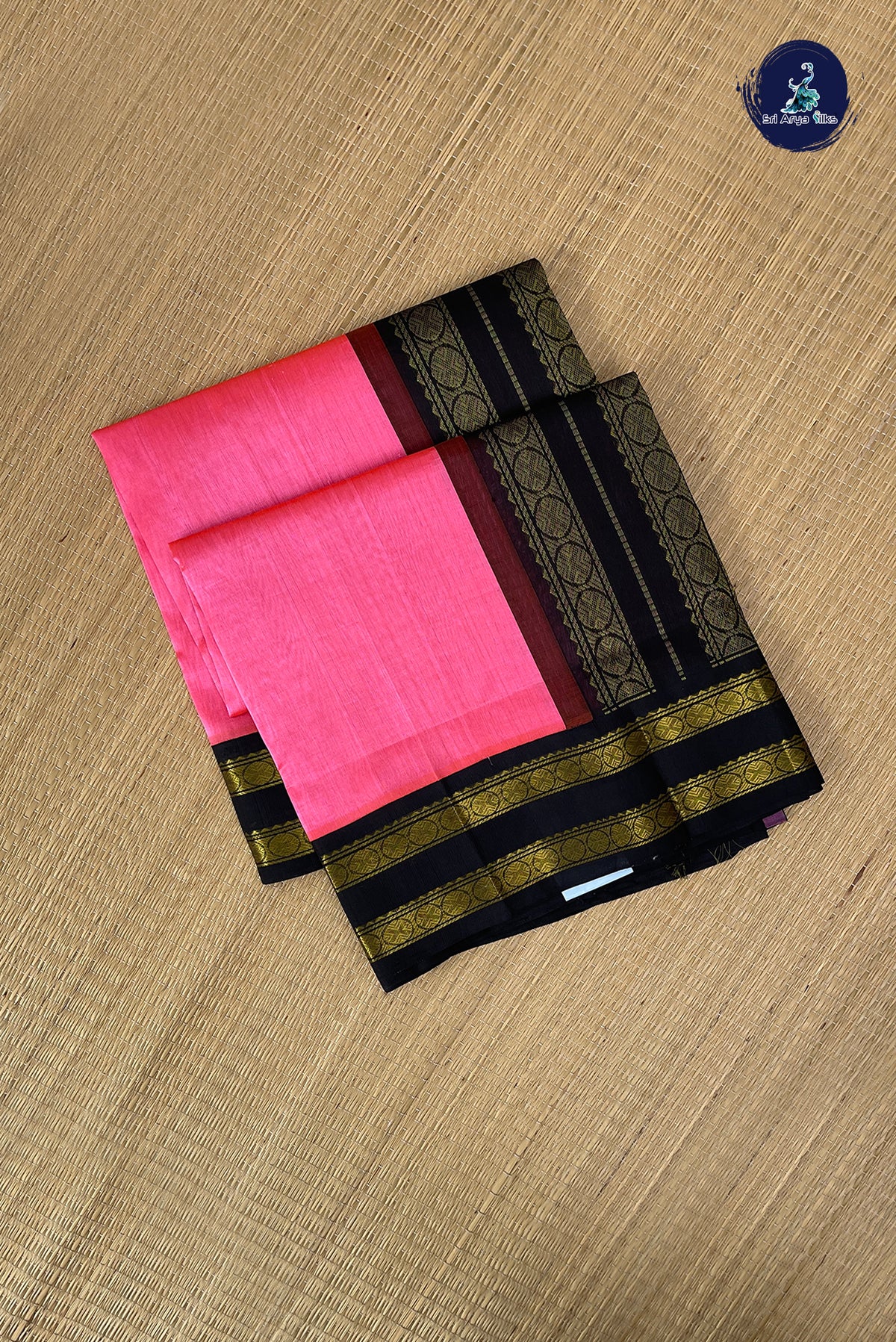 Peach Pink Korvai Silk Cotton Saree With Plain Pattern