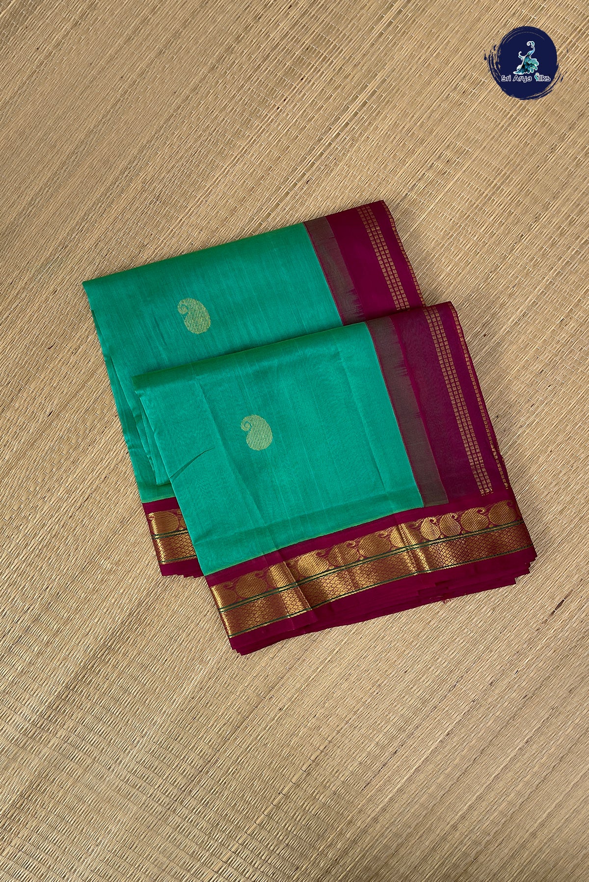 Sea Green Korvai Silk Cotton Saree With Zari Buttas Pattern