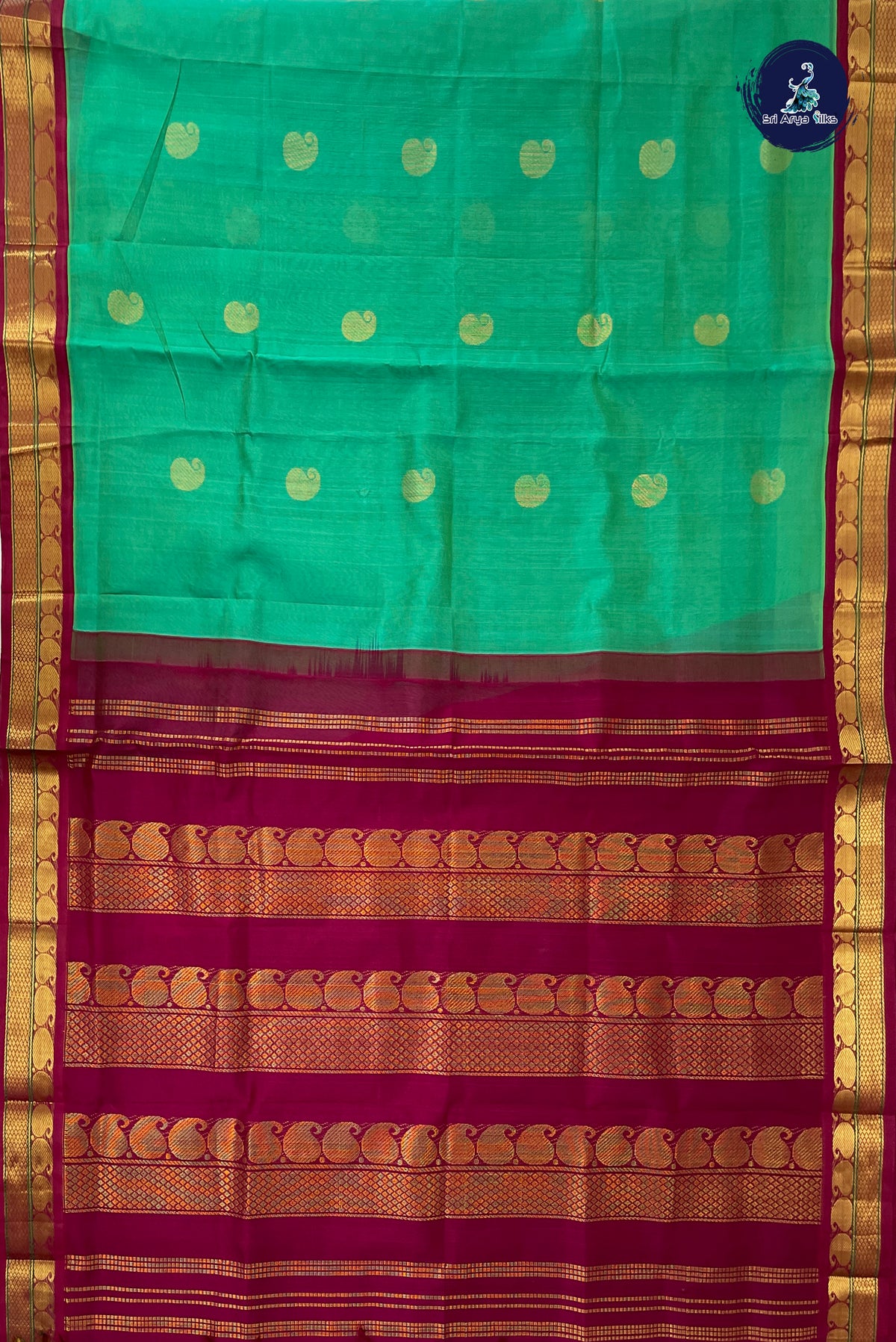 Sea Green Korvai Silk Cotton Saree With Zari Buttas Pattern