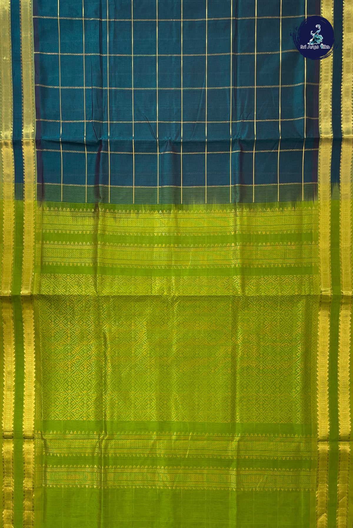 Dark Green Simple Silk Cotton Saree With Zari Checked Pattern