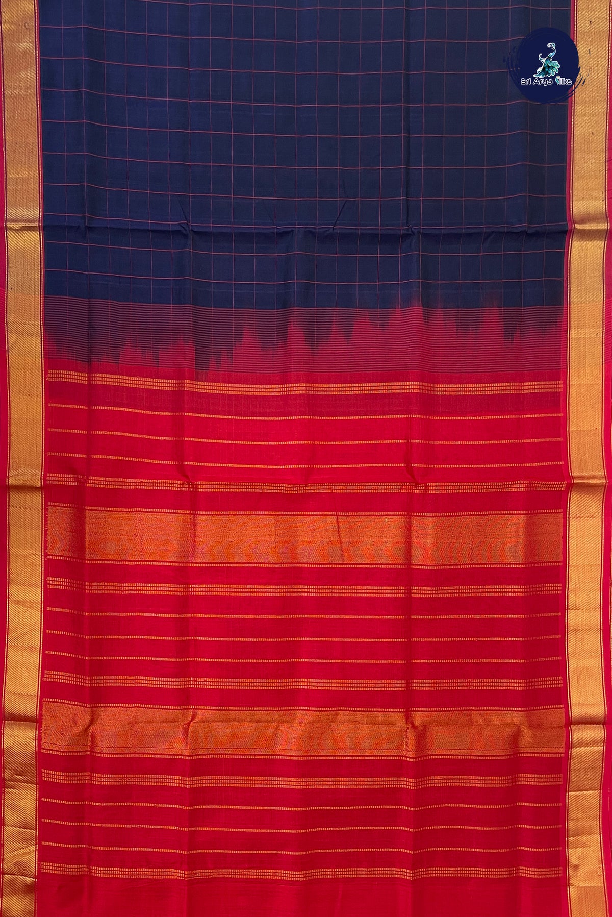 Blackish Blue Simple Silk Cotton Saree With Checked Pattern