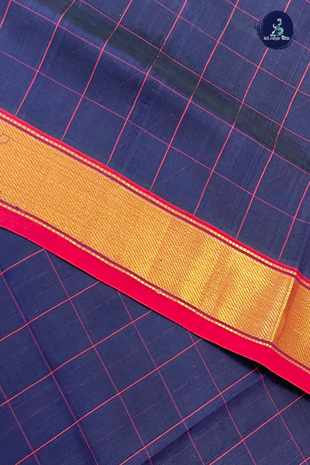 Blackish Blue Simple Silk Cotton Saree With Checked Pattern