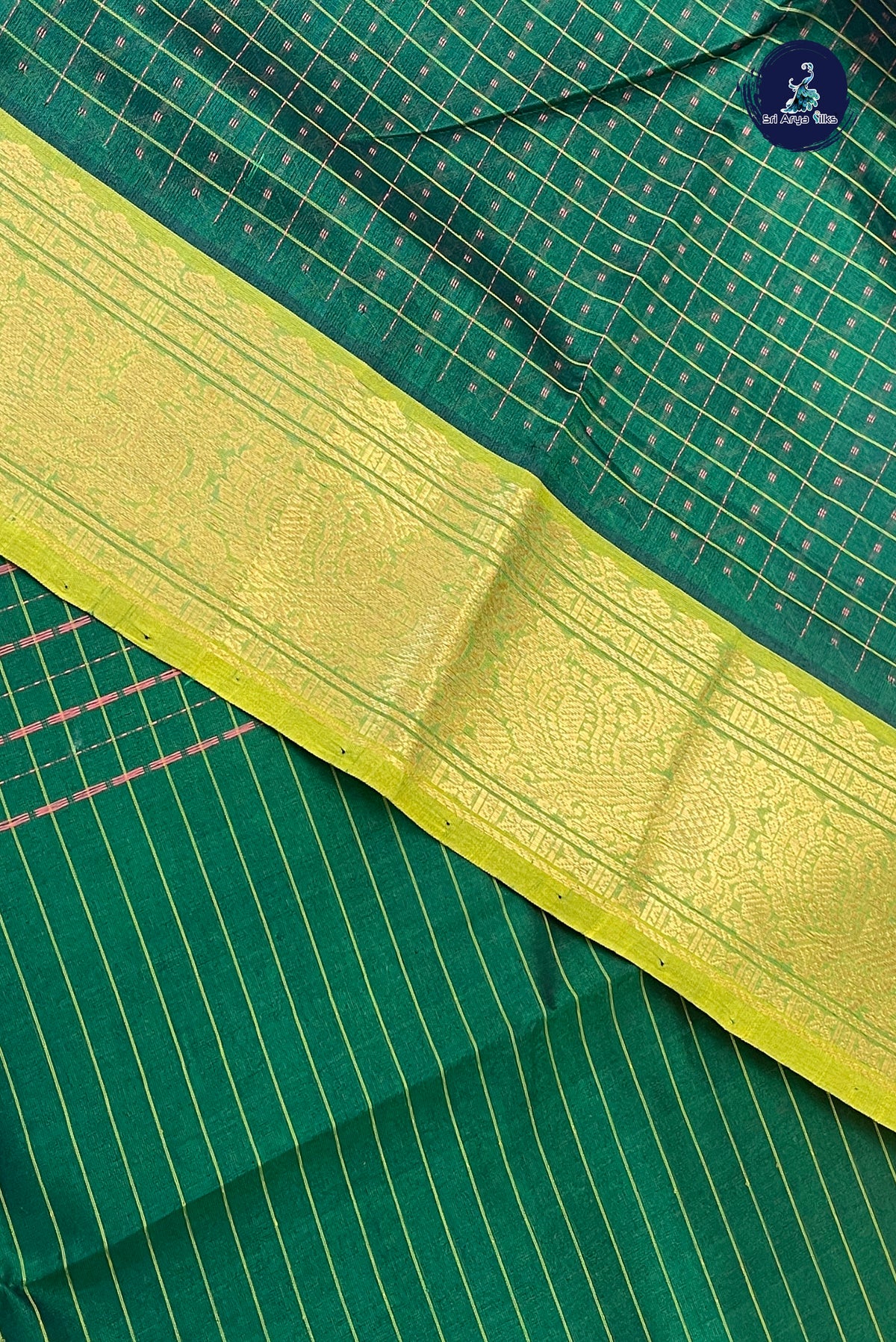 Dark Green Bridal Silk Cotton Saree With Laksha Deepam Design Pattern