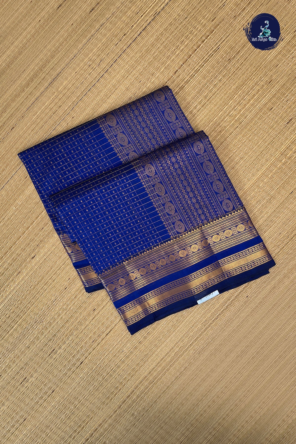 Ink Blue Bridal Silk Cotton Saree With Zari Checked Pattern